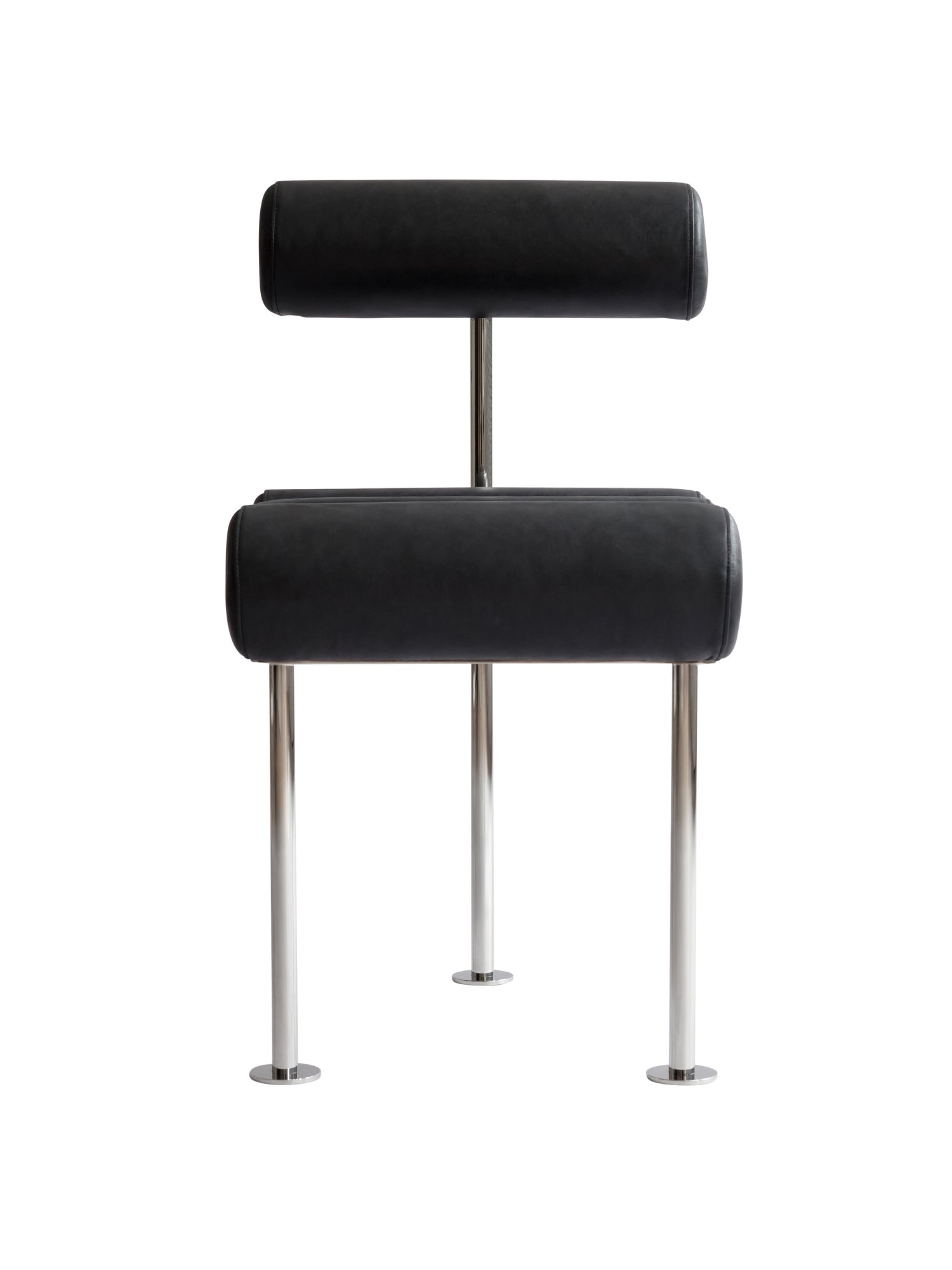 101 CPH Hiro Dining Chair, a modern luxury chair featuring black smooth leatherette cylindrical cushions for the backrest and seat, supported by polished silver chrome legs on a white background. Perfect for contemporary dining spaces.
