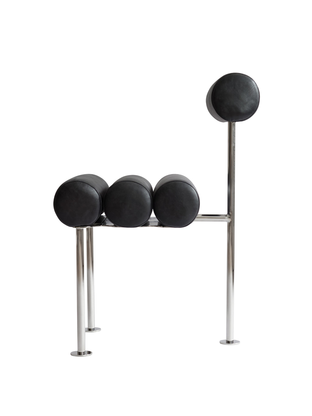101 CPH Hiro Dining Chair, a modern luxury chair featuring three cylindrical black leather cushions on a polished chrome frame, with a round backrest. Ideal for contemporary dining.