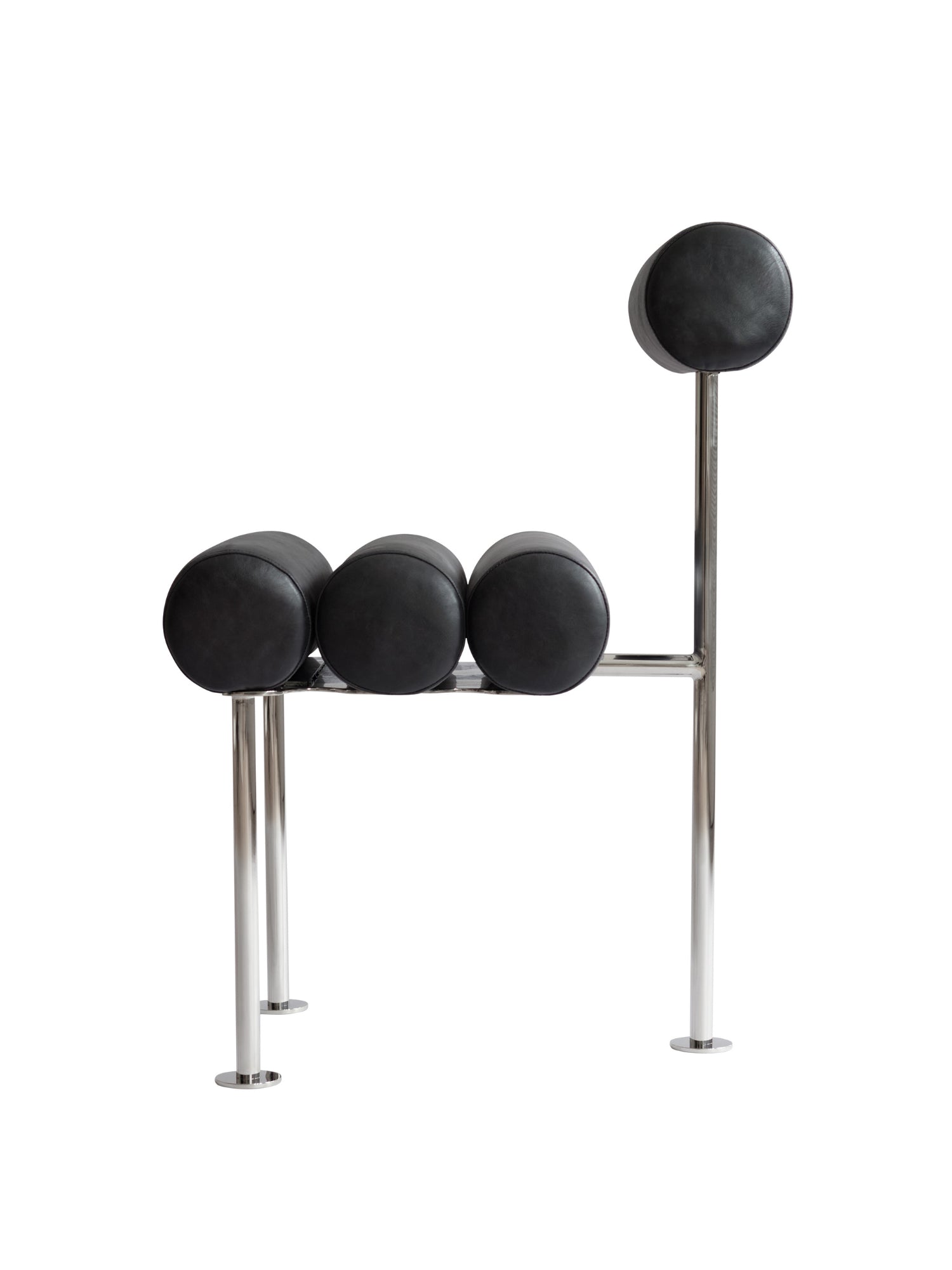 101 CPH Hiro Dining Chair, a modern luxury chair featuring three cylindrical black leather cushions on a polished chrome frame, with a round backrest. Ideal for contemporary dining.