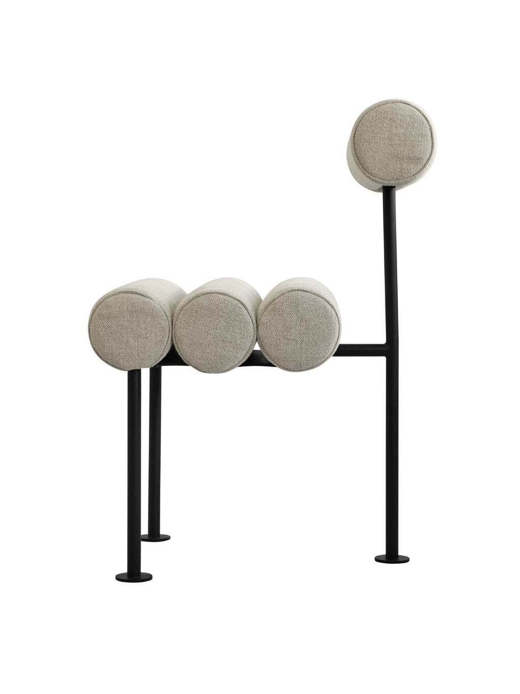 101 CPH Hiro Dining Chair, shown on a white background, features a unique design with three gray textured cylindrical seat cushions and a single matching circular backrest cushion on a sleek black metal frame. This luxury seating is perfect for modern interiors.