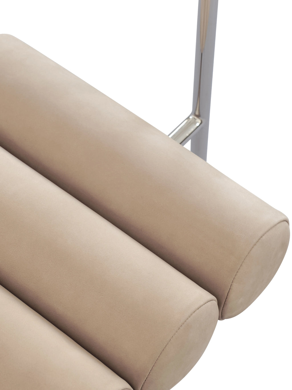 101 CPH Hiro Dining Chair, close-up of three beige upholstered horizontal tubular cushions with visible stitching, and a shiny silver metal bar behind. A premium, comfortable seating option.