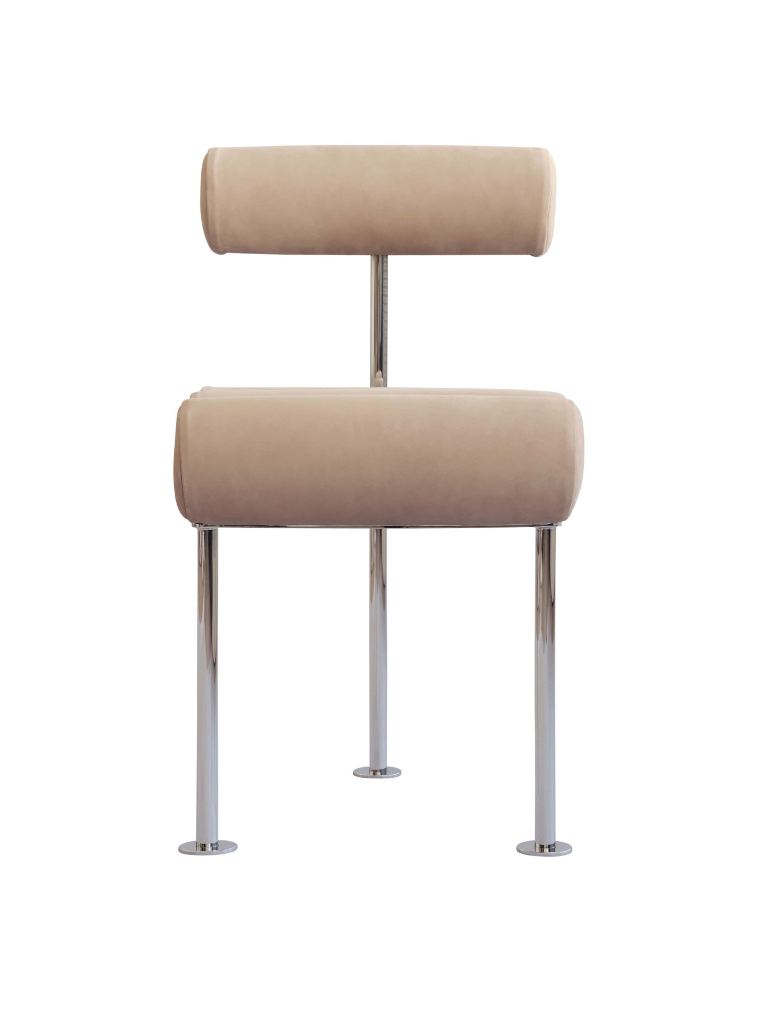 101 CPH Hiro Dining Chair, a modern luxury chair with cylindrical beige velvet cushions for the seat and back, supported by polished chrome metal legs on a white background. Ideal for contemporary dining rooms.