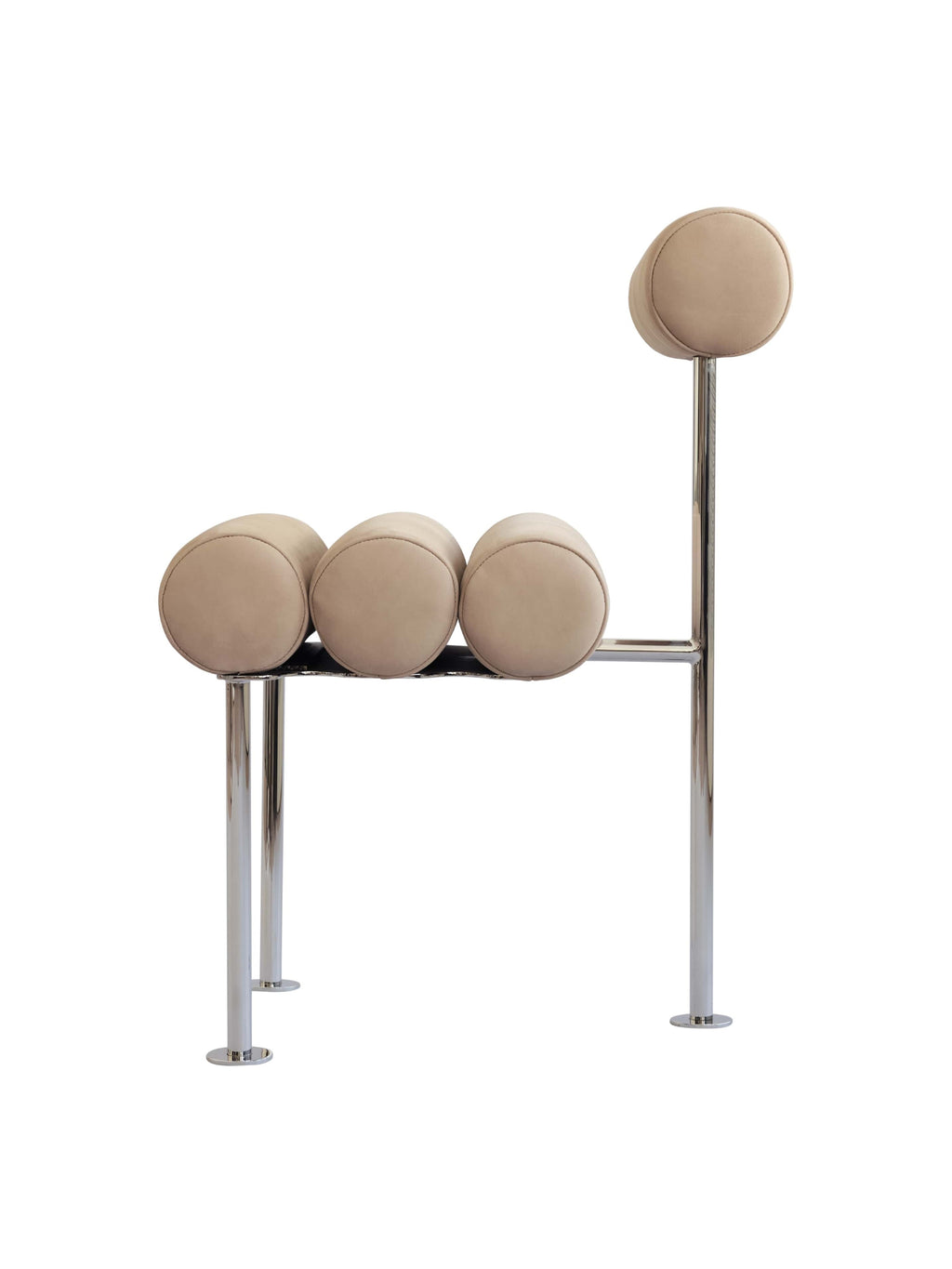 101 CPH Hiro Dining Chair, a modern luxury chair featuring cylindrical beige upholstered cushions on a sleek polished chrome frame. Perfect for contemporary dining spaces.