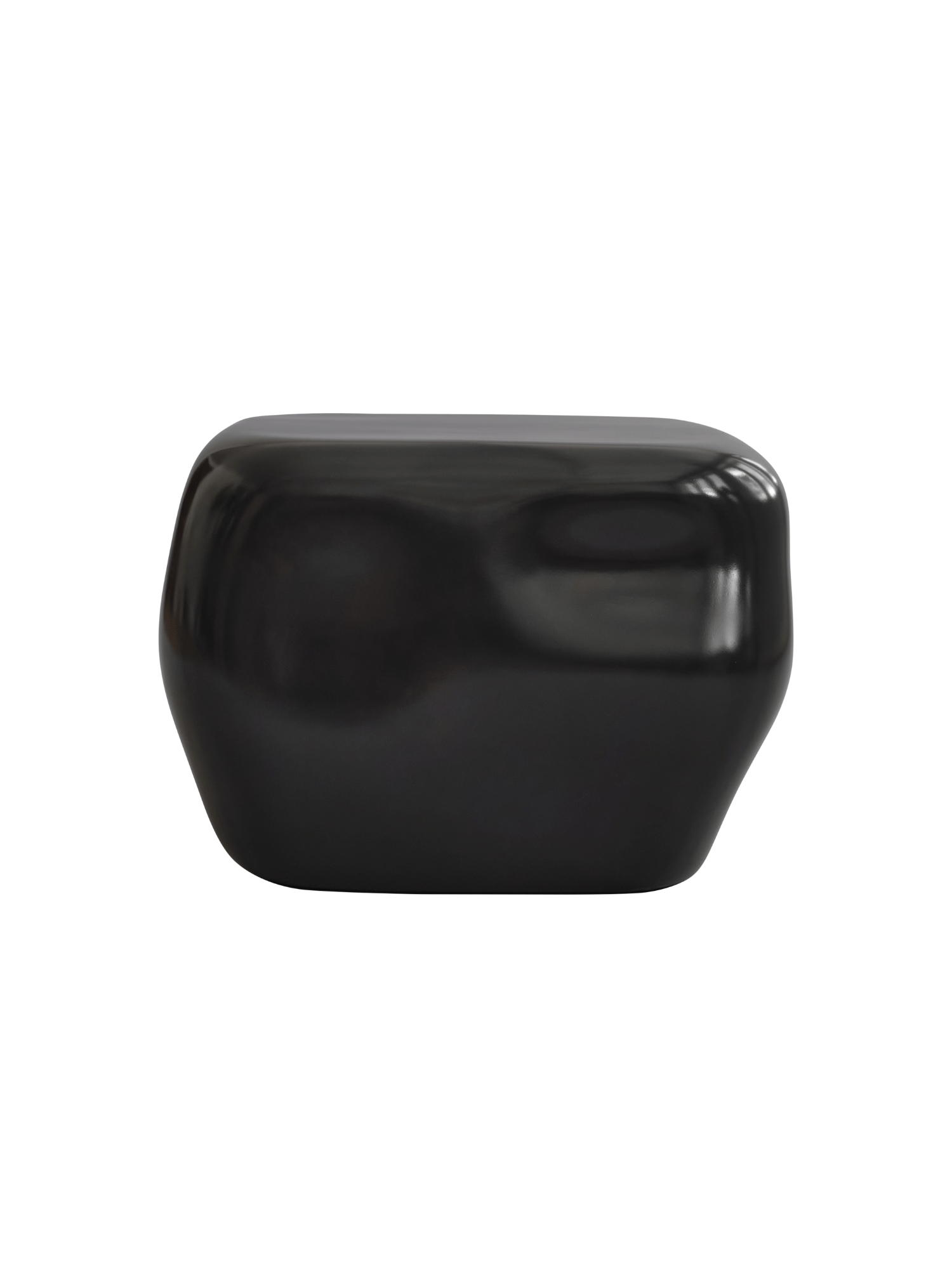 101 CPH Ishi Coffee Table - Ceramic. Front view of a sleek, dark black, glossy ceramic table with organic, rounded edges and a smooth, reflective surface. A premium, modern home addition.