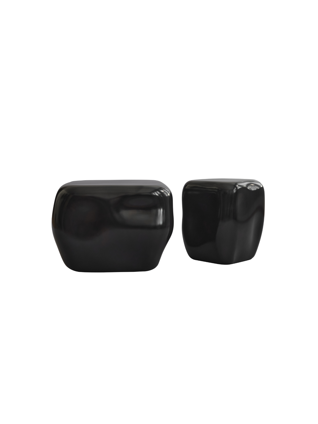 101 CPH Ishi Coffee Table Set features two modern black ceramic tables with organic, smooth shapes and a high-gloss finish, against a white background. Perfect for a luxury interior.
