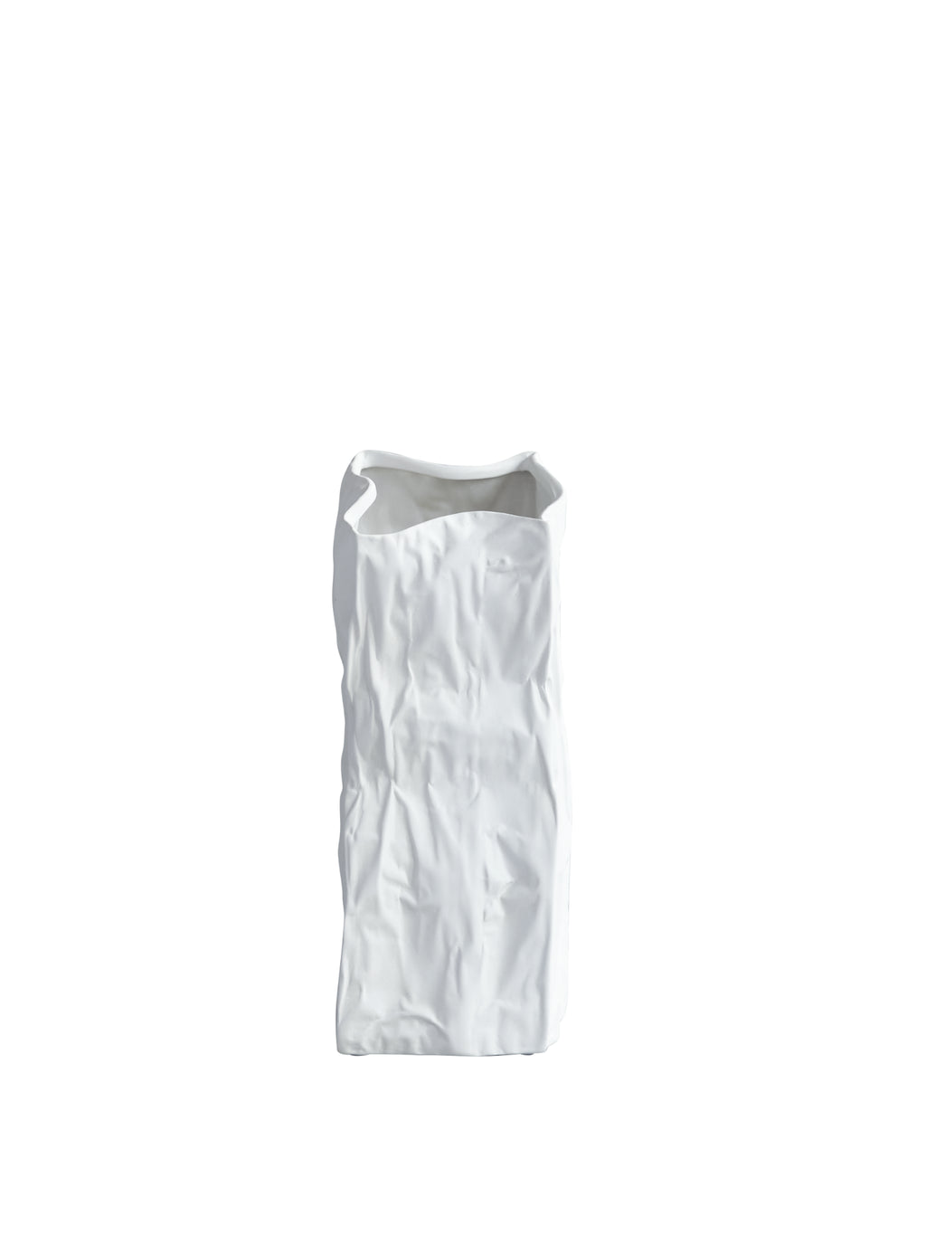 101 CPH Kami Vase, a premium white ceramic vase with a unique paper-bag inspired crinkled texture and organic, uneven rim displayed against a white background. Ideal for modern home décor.