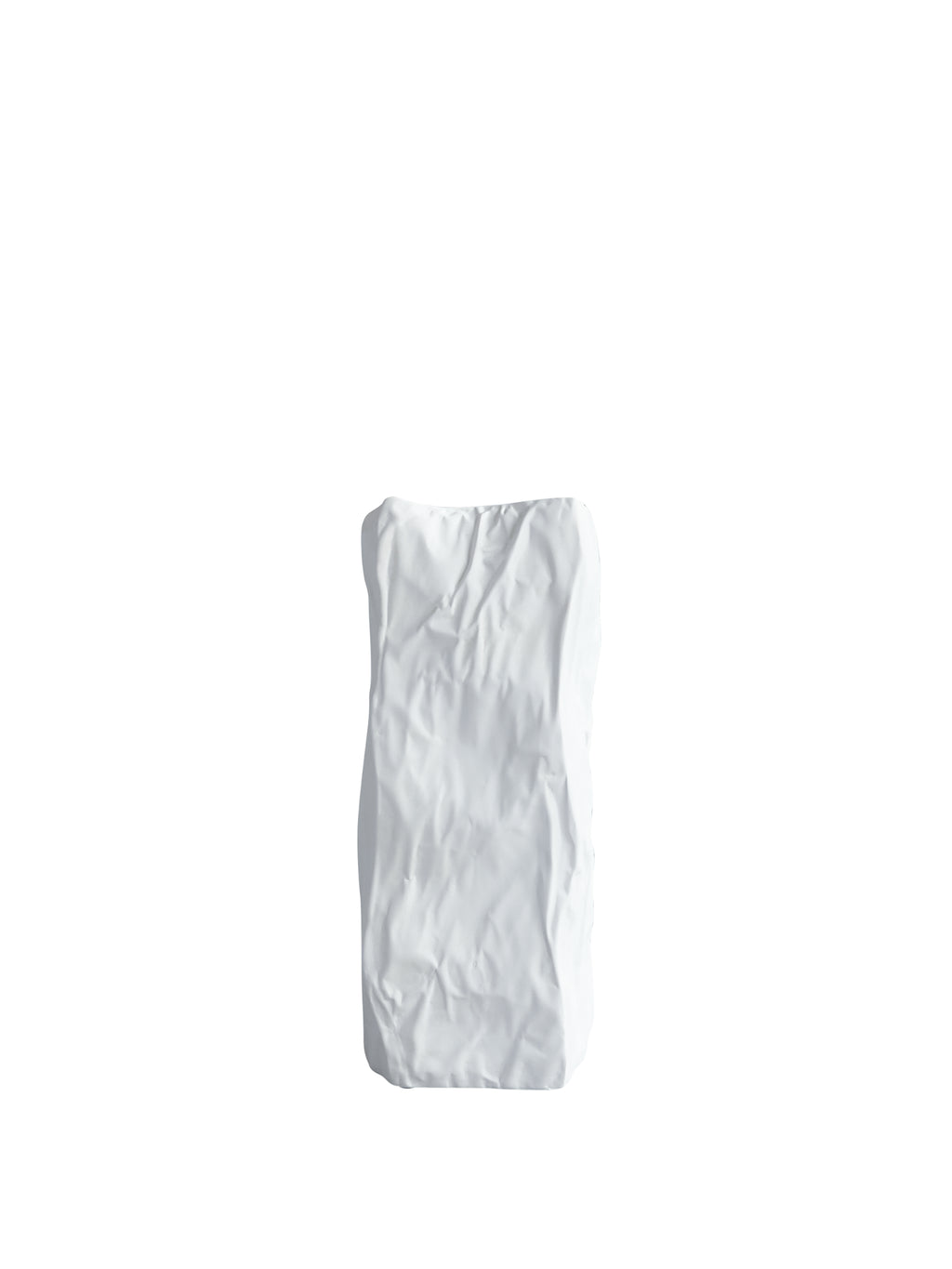 101 CPH Kami Vase, a premium off-white ceramic vase with a unique crumpled paper bag texture and rectangular shape, displayed artfully on a white background. Ideal for contemporary interior design.