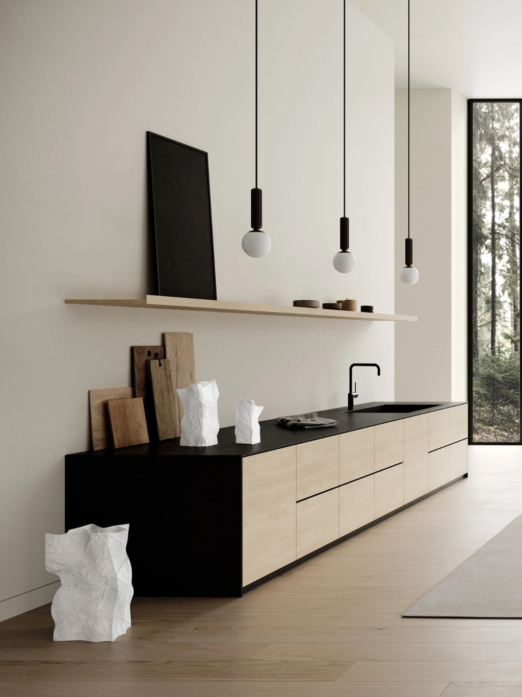 101 CPH Kami Vase, a white crumpled paper-like ceramic unique vase, displayed in a modern kitchen setting with two smaller matching vases. A premium statement piece for contemporary decor.
