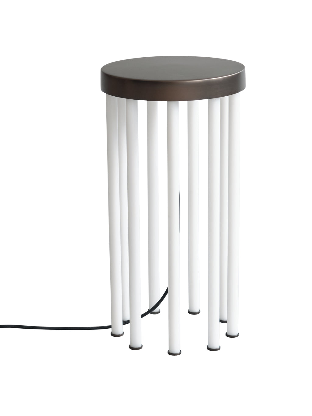 101 CPH Neon Side Table featuring a dark bronze circular top over a base of multiple white cylindrical legs with black feet. This authentic, modern design is a premium addition for contemporary spaces.