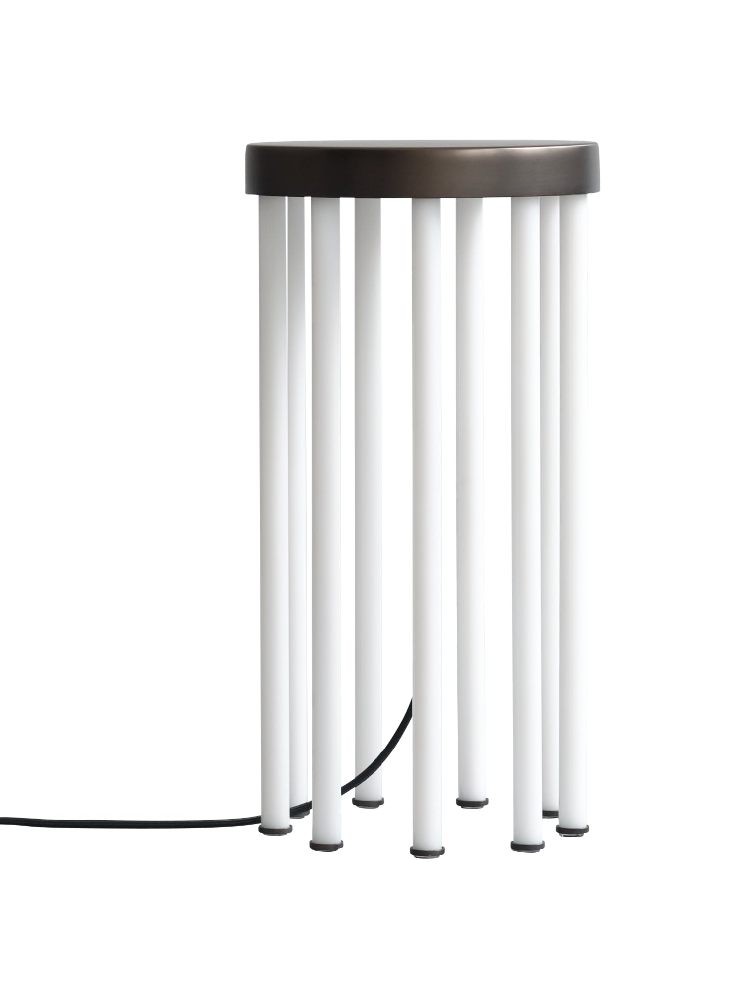 101 CPH Neon Side Table featuring a dark bronze, circular top and bright white vertical tubular legs. This modern, premium side table includes a black power cord, ideal for contemporary living spaces.