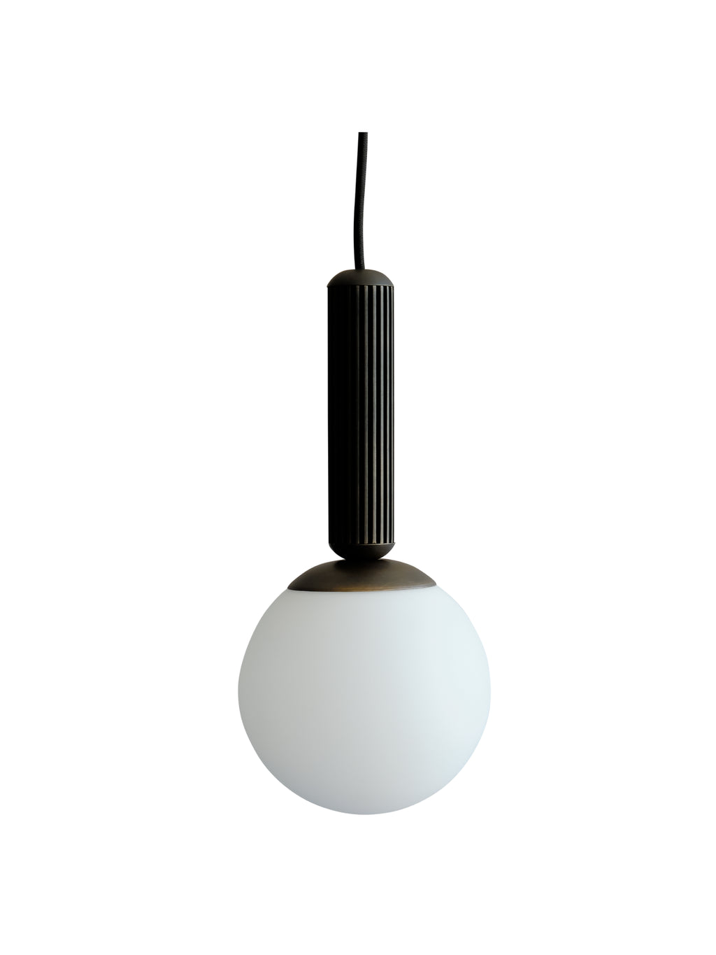 101 CPH No.2 Pendant with a frosted white glass globe, dark bronze ribbed metal cylinder, and brass cap, against a white background. Perfect for modern interior lighting.