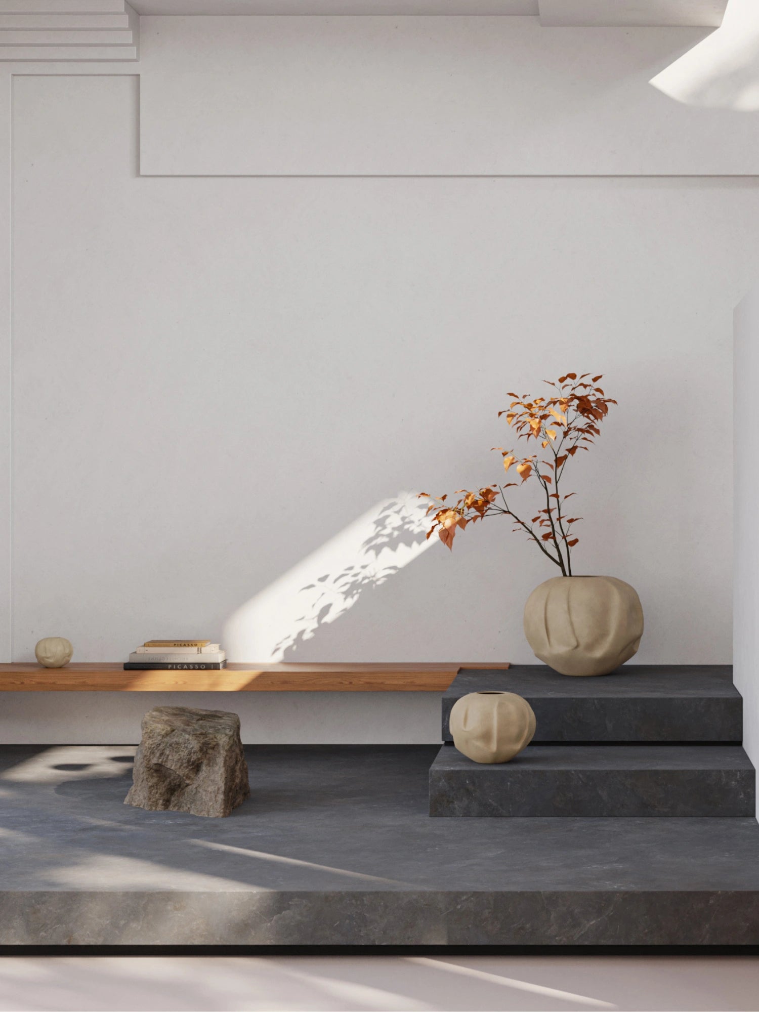 101 CPH Orimono Vase: A large, round, premium beige terracotta vase with unique pleated texture, holding a branch of autumn leaves, displayed in a modern lifestyle setting on dark steps. Ideal for contemporary interior decor.