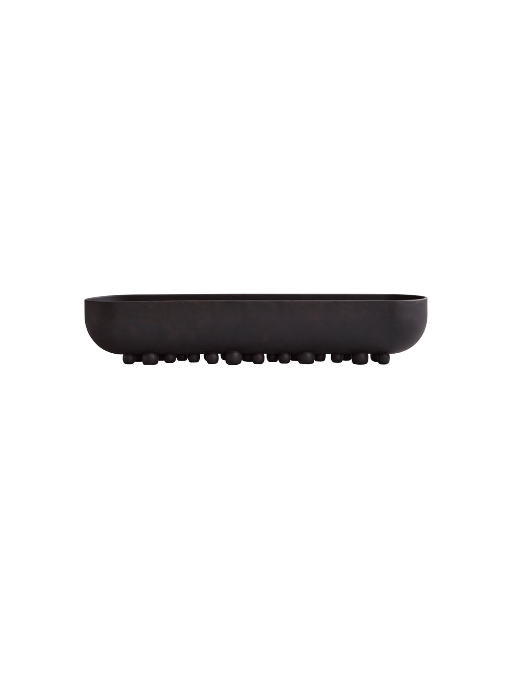 101 CPH Shinju Tray: an oblong, deep brown ceramic luxury tray with multiple rounded feet visible along its base in a studio shot. Ideal for decorative display.