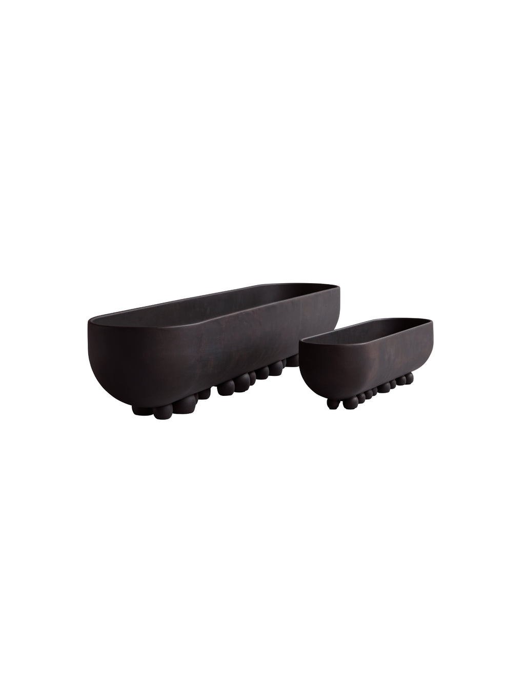 101 CPH Shinju Tray set, featuring two unique, elongated, dark brown metal trays with spherical feet on a white background. Perfect for modern interior decor.