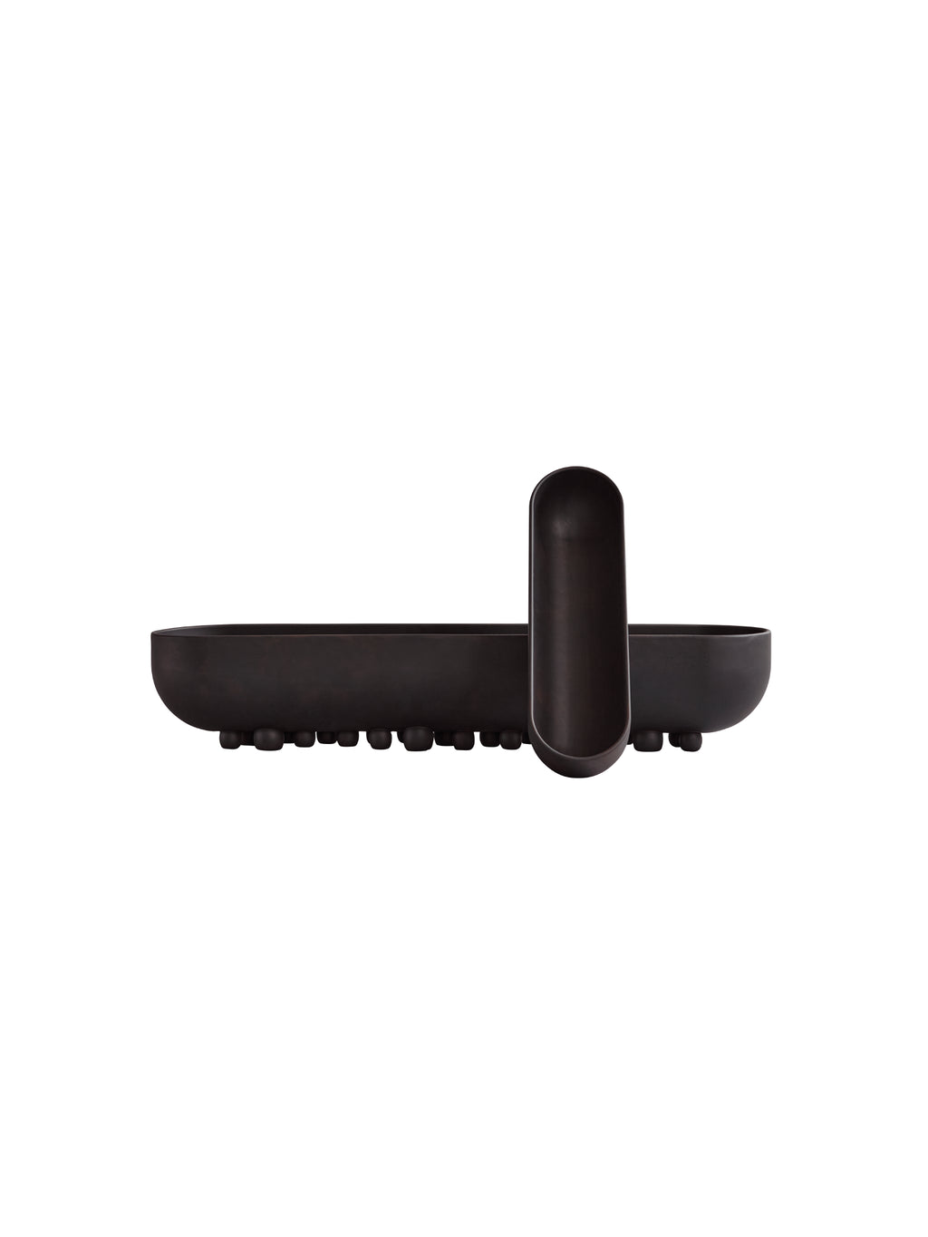 101 CPH Shinju Tray, a dark black, half-cylinder shaped premium ceramic tray with small spherical feet and an upright, rounded compartment visible. An authentic statement piece.