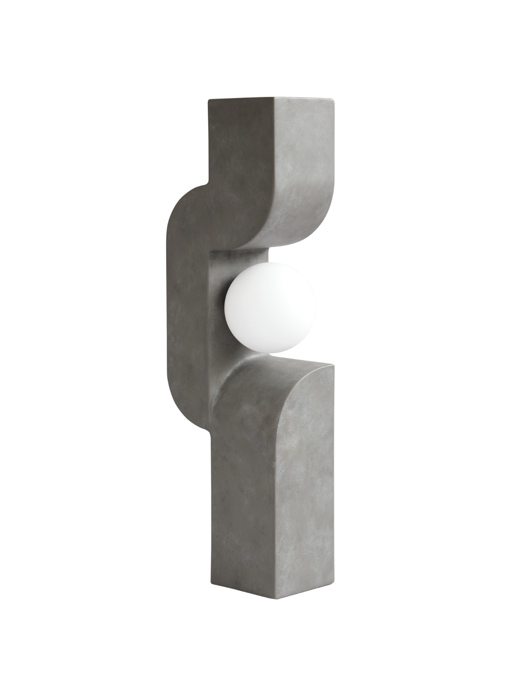 101 CPH Sitting Man Floor Lamp showcases a sculptural, brutalist gray concrete form with an integrated luminous white spherical diffuser. A luxury statement piece.