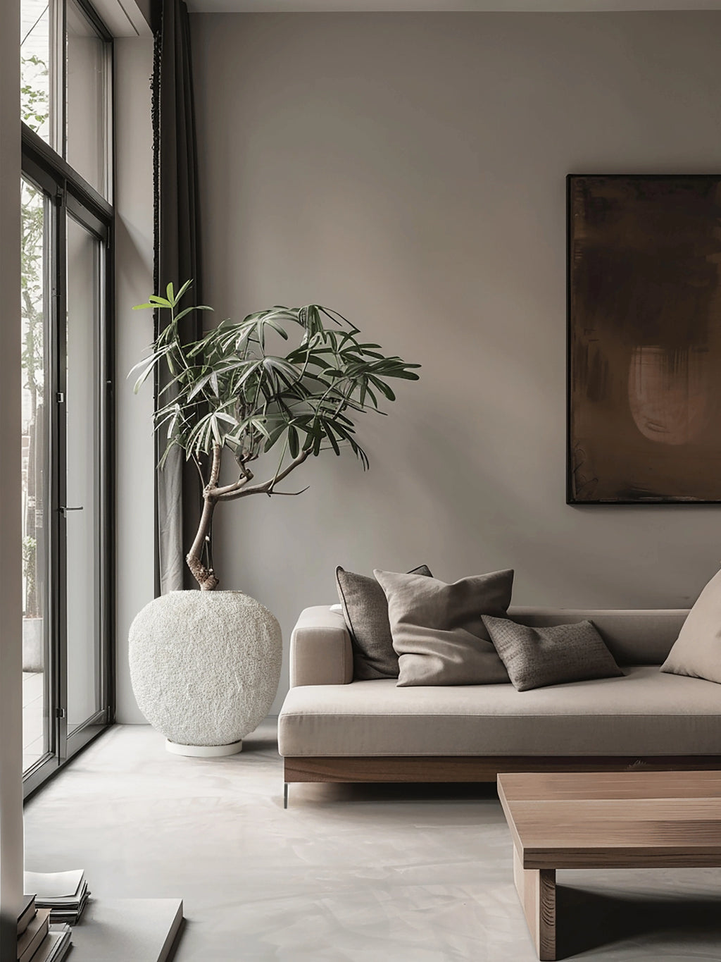 101 CPH Sunao Planter in a cozy living room setting. This large, spherical white textured planter, made from premium ceramic, showcases a lush green plant. Its minimalist design complements modern interior spaces perfectly.