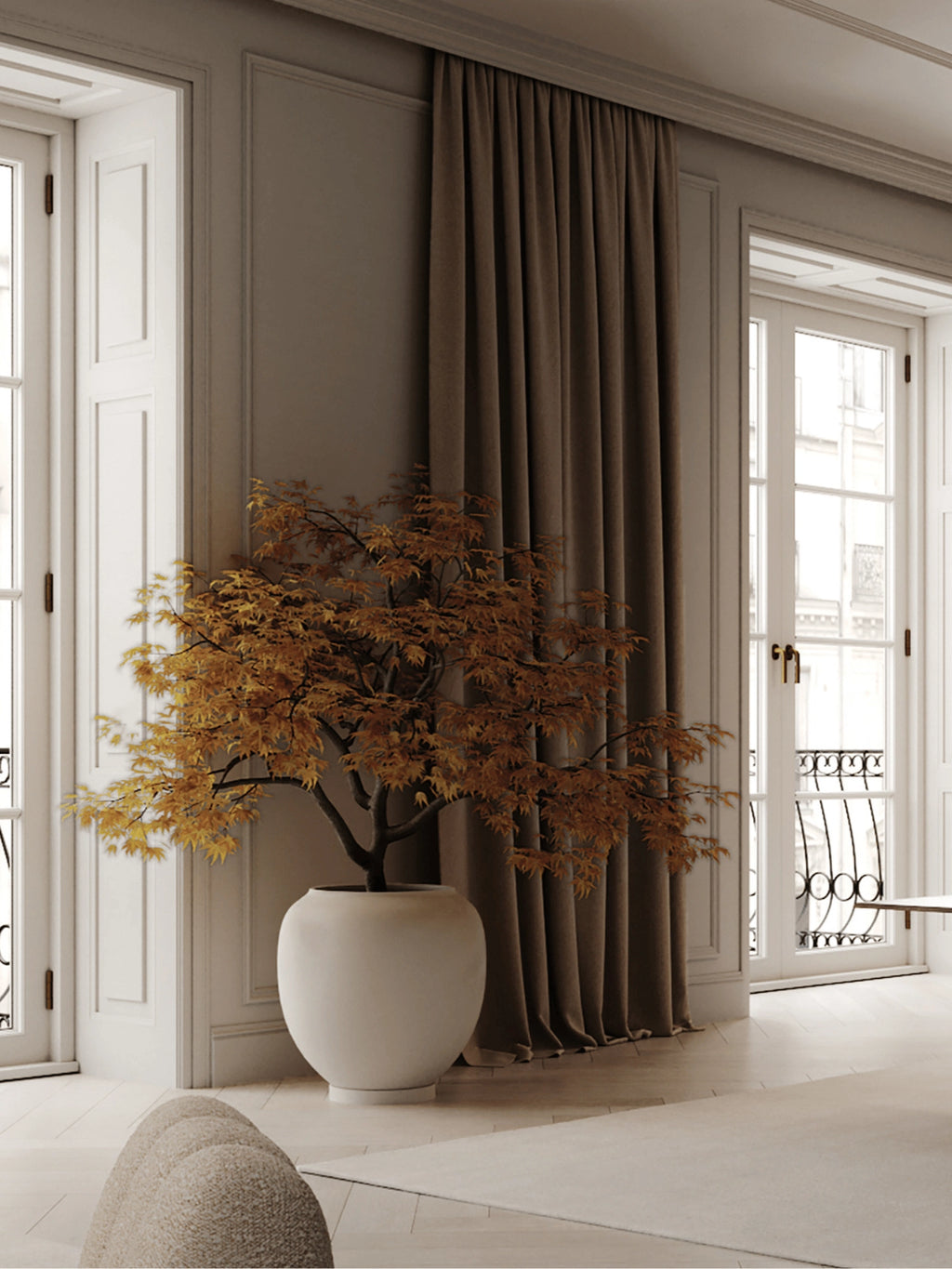 101 CPH Sunao Planter, a large, matte off-white ceramic pot with a rounded body and subtle base, filled with an autumnal plant, styled in a minimalist luxury interior. Enhances sophisticated home decor.