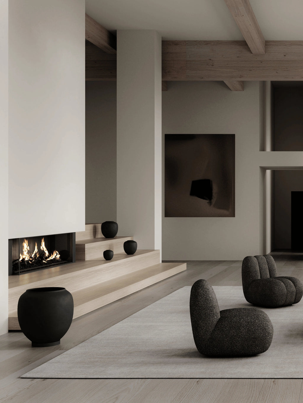 101 CPH Sunao Planter in matte black ceramic, featured in various sizes on light wooden steps and floor in a modern living space. This sculptural homeware piece offers premium minimalist design.