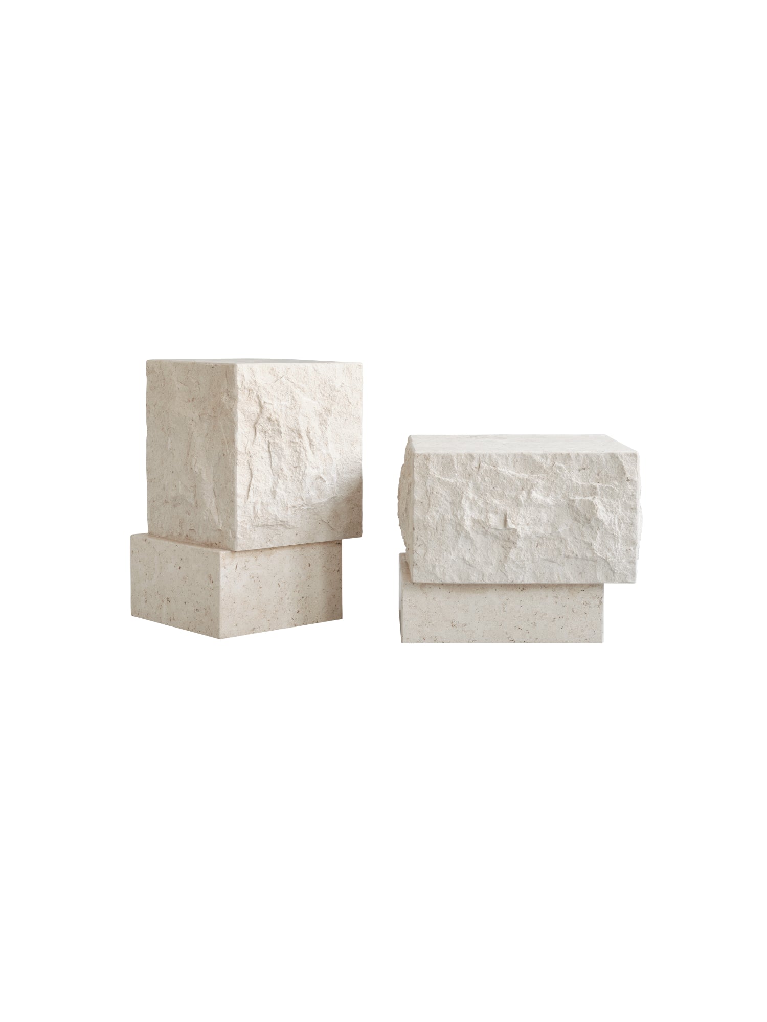 101 CPH Temple Coffee Table: Two modular off-white raw travertine stone blocks, one horizontal, one vertical, displaying rough-hewn texture on a white background. This luxury, natural stone table offers versatile arrangements.