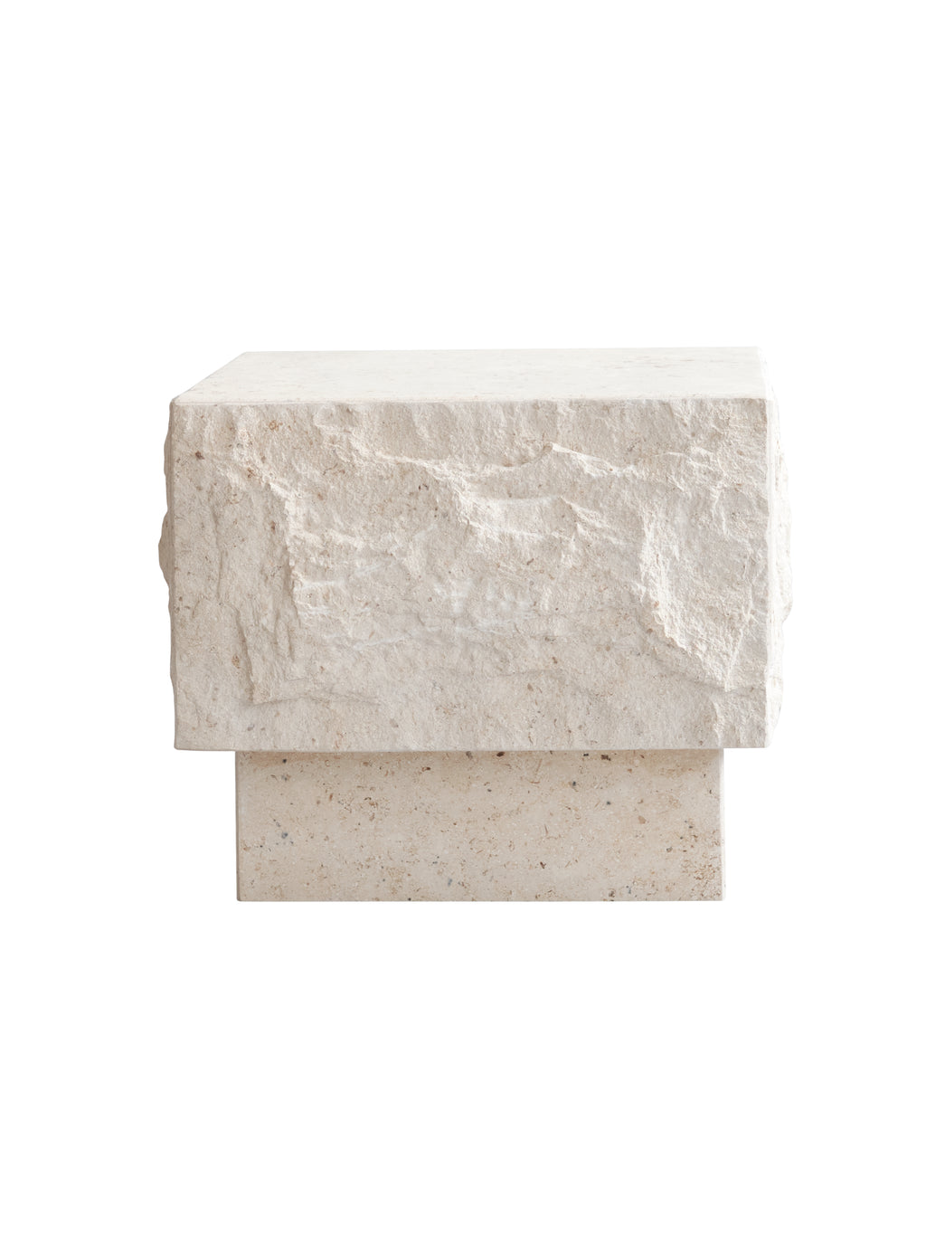 101 CPH Temple Coffee Table: Minimalist white marble block coffee table with rough, natural-cut top surface and smooth base, isolated on white. A luxury statement piece.