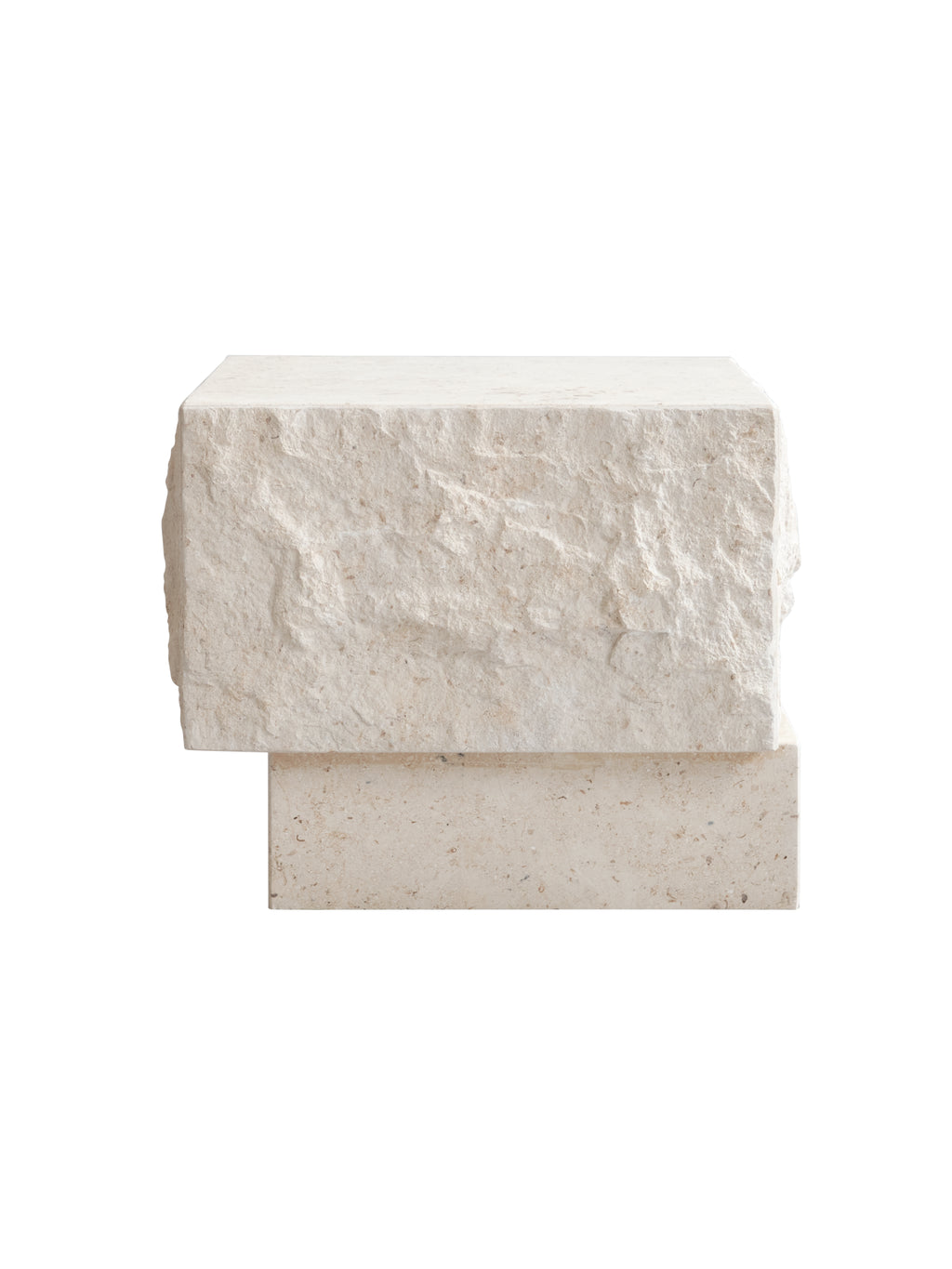 101 CPH Temple Coffee Table, a minimalist rectangular solid light beige limestone block with a rough-cut upper half and a smoother base, displayed isolated. A premium contemporary design piece for modern living spaces.