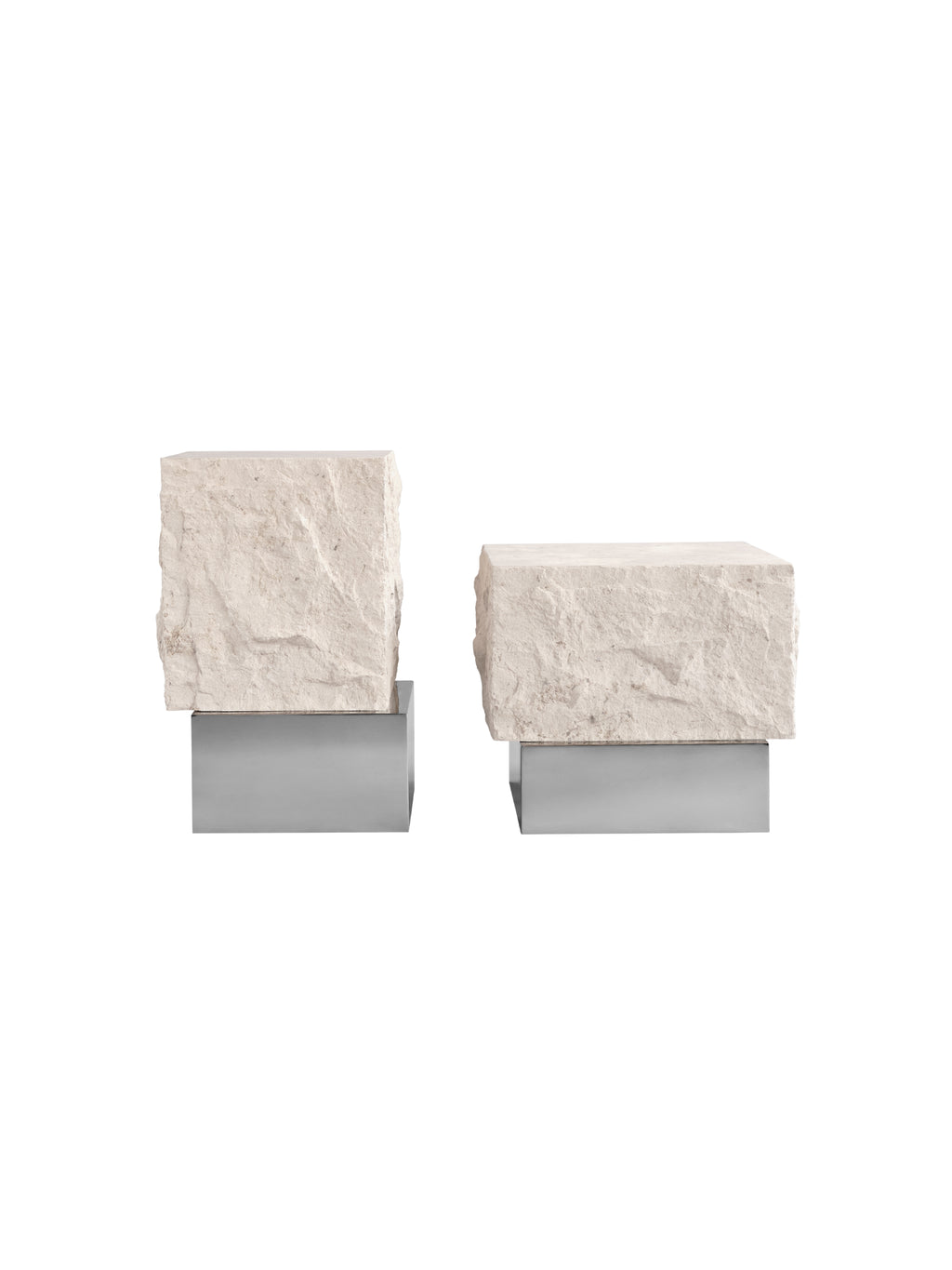 101 CPH Temple Coffee Table, two textured off-white natural stone blocks with rugged edges, each resting on a sleek rectangular polished silver metal base, displayed on a clean white background. A luxury coffee table for a modern living space.