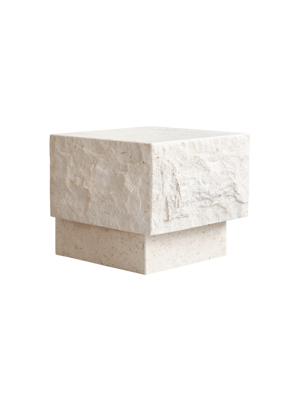 101 CPH Temple Coffee Table: Natural travertine stone, displayed on white, featuring a smooth base with a rough-hewn top block. Premium sculptural design for modern living spaces.