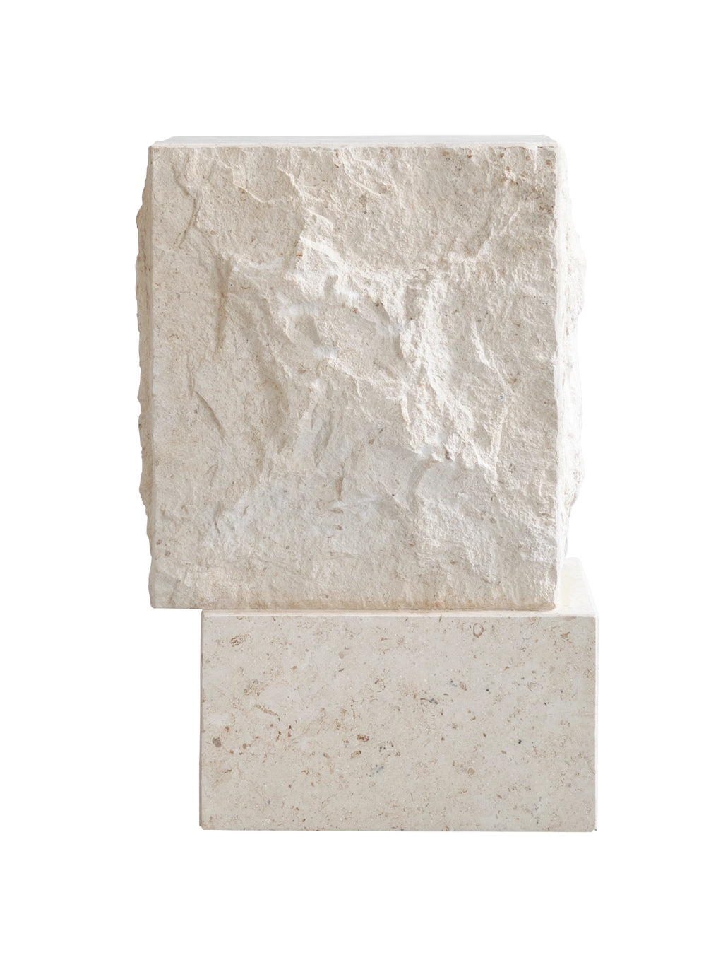 101 CPH Temple Side Table in white travertine stone, featuring a rough-hewn upper bloc atop a smooth, rectangular base, displayed on a white background. This luxury artisanal piece offers unique architectural appeal.