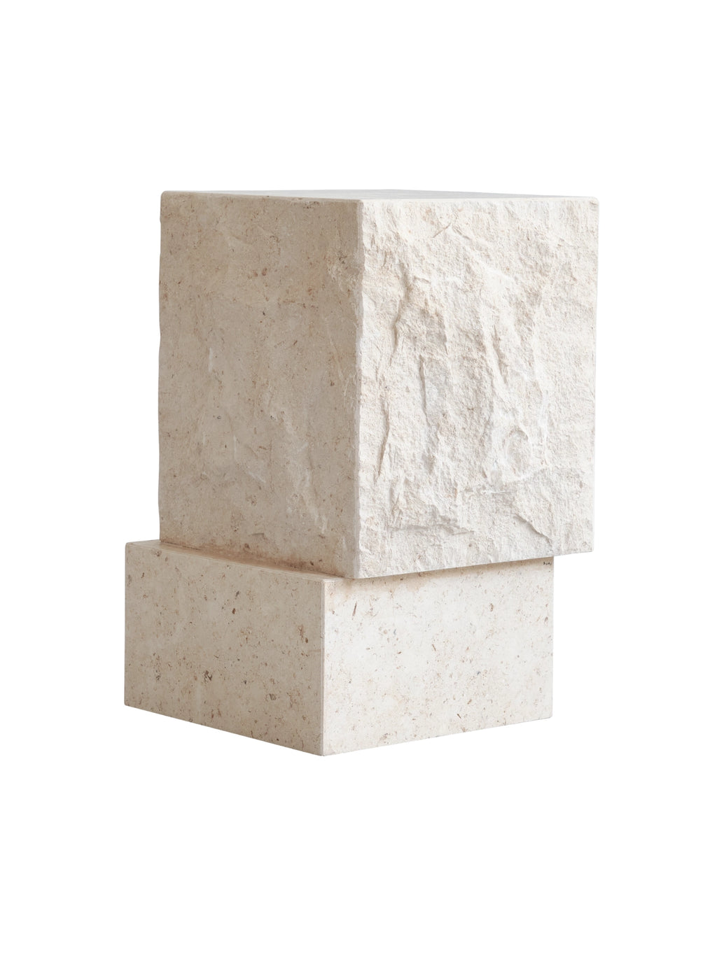 101 CPH Temple Side Table: A luxury side table on a white background, featuring two stacked cream-colored stone blocks. The bottom block is smooth, while the top has a raw, textured finish, creating a unique aesthetic. Perfect for contemporary interiors.