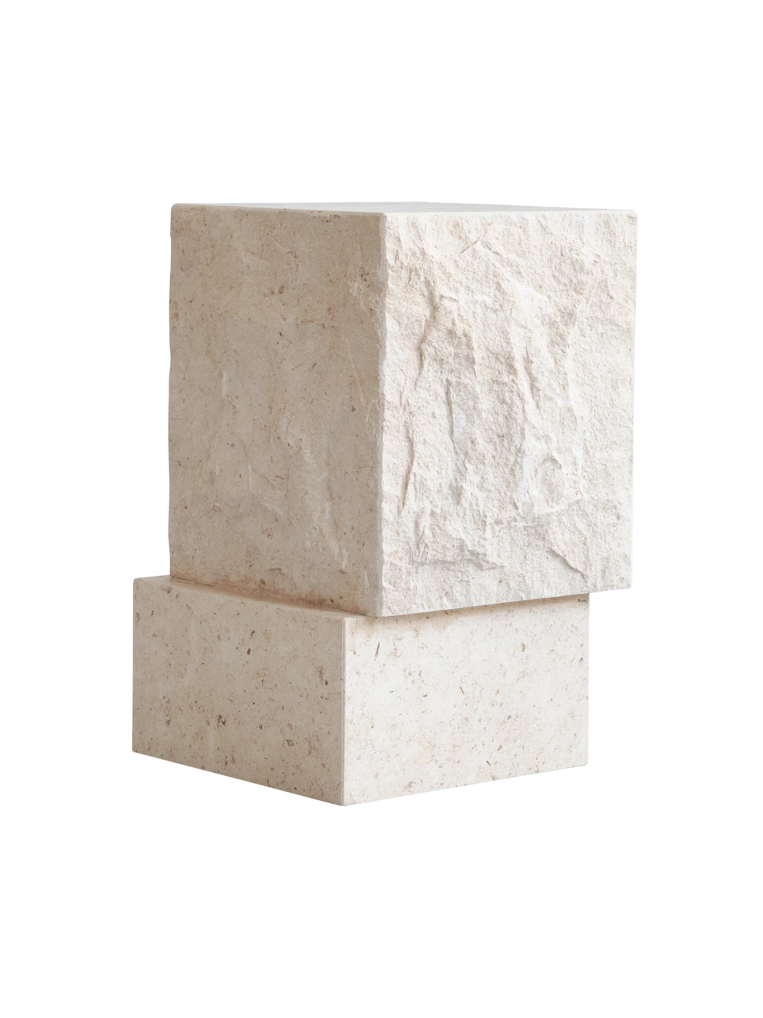 101 CPH Temple Side Table: A luxury side table on a white background, featuring two stacked cream-colored stone blocks. The bottom block is smooth, while the top has a raw, textured finish, creating a unique aesthetic. Perfect for contemporary interiors.
