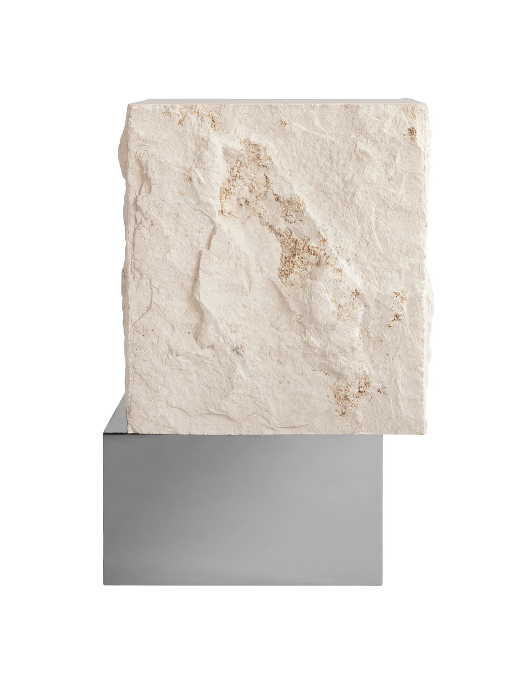 101 CPH Temple Side Table, a luxury design featuring a rough, off-white natural stone block top with textured crevices, resting on a sleek, polished silver metal base shown on a white background. Perfect for modern interior styling.