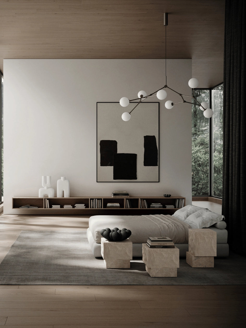 101 CPH Temple Coffee Table Set, featuring two sculptural, light beige natural stone blocks with textured finishes, styled as bedside tables in a modern bedroom. Perfect for a luxurious, minimalist interior.