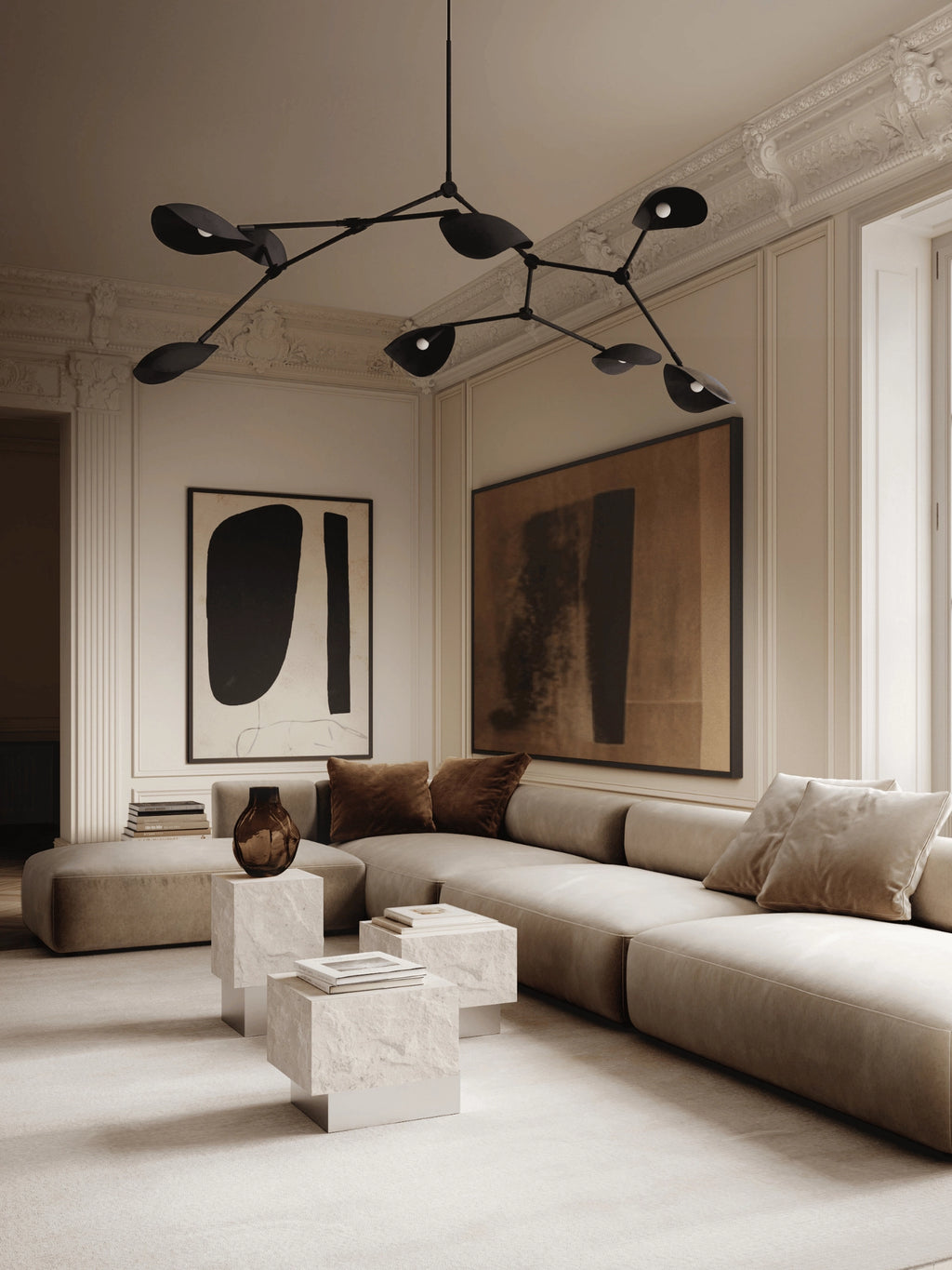 101 CPH Temple Coffee Table Set, featuring two off-white premium marble tables with light gray bases, styled with books in a contemporary living room. Ideal for sophisticated interiors.