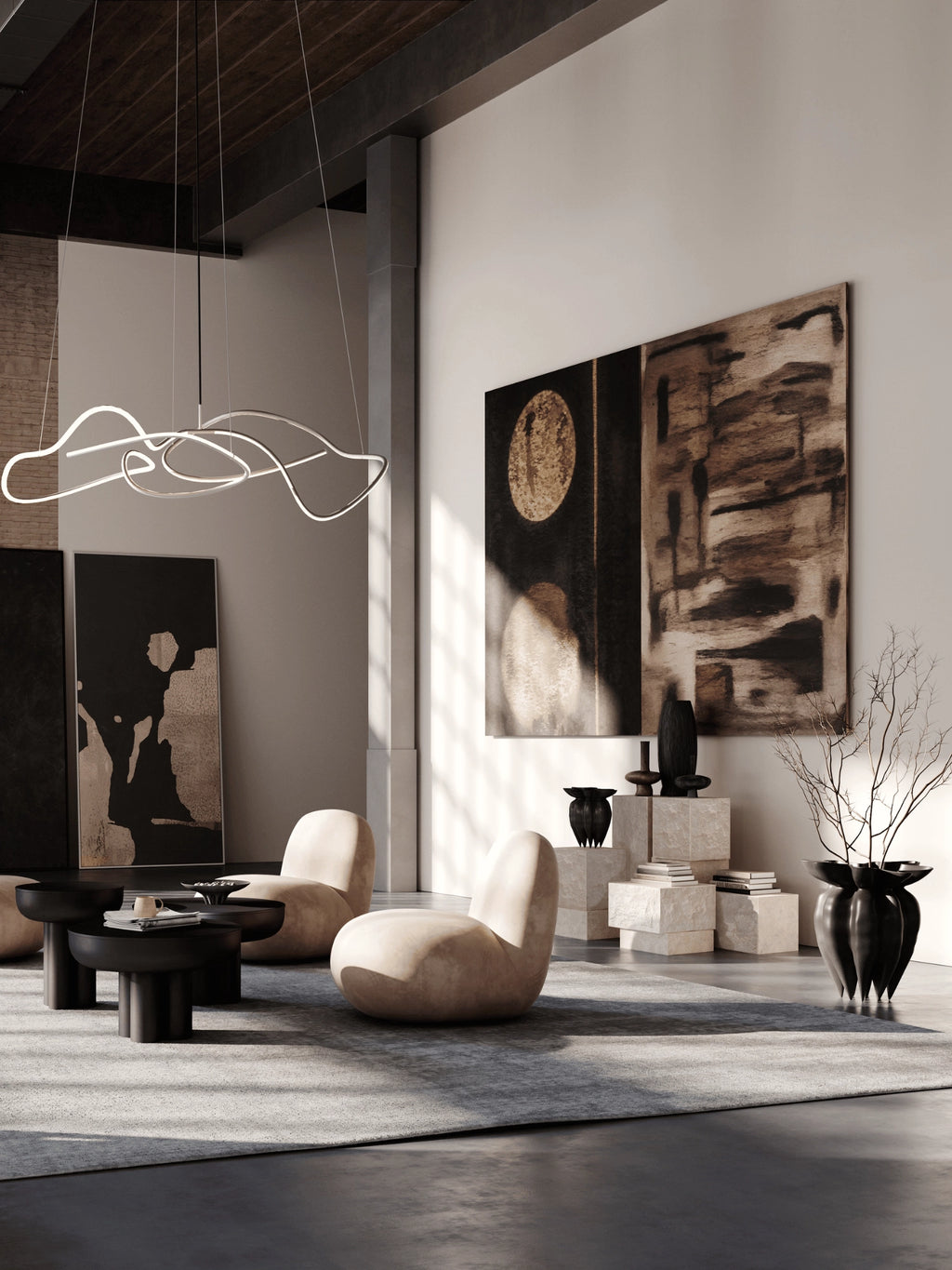 101 CPH Temple Coffee Table Set, featuring two round, matte black wood tables with columnar bases, styled with a newspaper and bowl in a modern living room. A luxurious and authentic addition to any contemporary space.