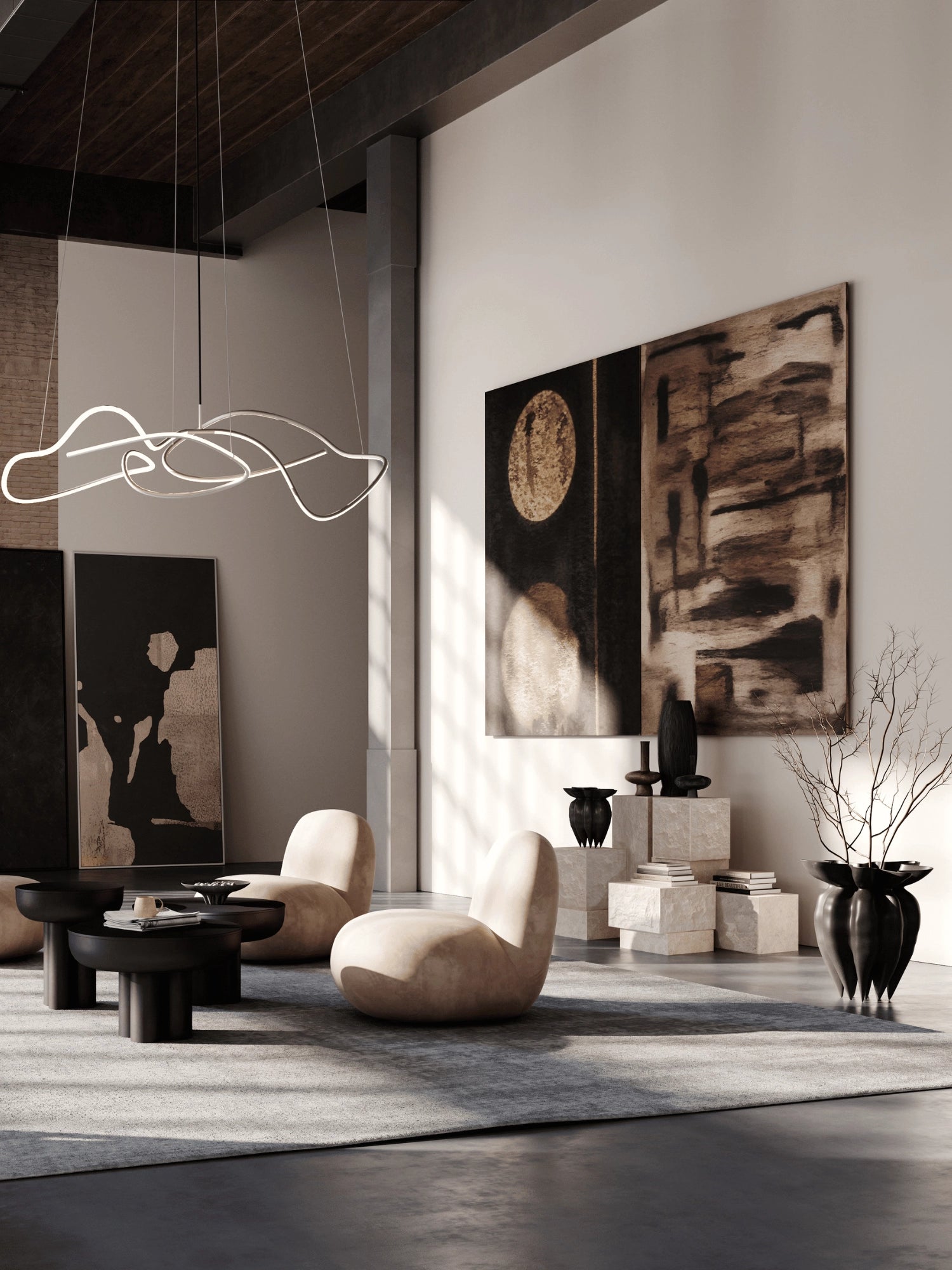 101 CPH Temple Coffee Table Set, featuring two round, matte black wood tables with columnar bases, styled with a newspaper and bowl in a modern living room. A luxurious and authentic addition to any contemporary space.