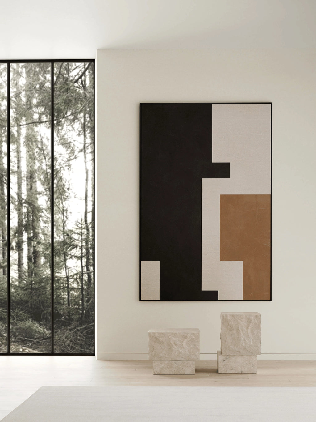 101 CPH Temple Coffee Table Set, featuring two rough-hewn, light beige stone cubes with organic textures displayed against a minimalist wall with abstract art. These premium, authentic tables offer a modern, brutalist aesthetic.
