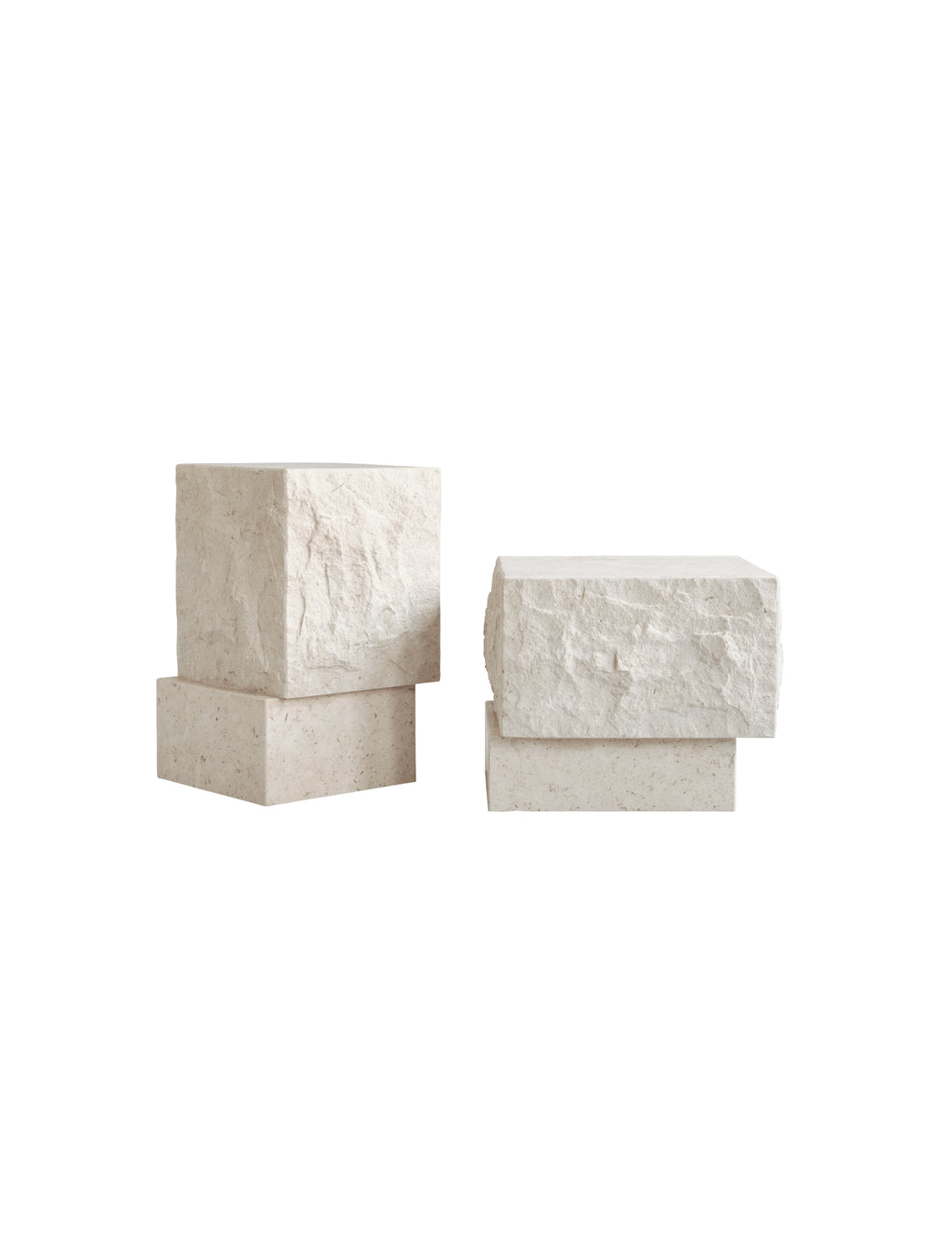 101 CPH Temple Coffee Table Set, featuring two off-white natural stone block tables with rough-cut top surfaces, displayed on a white background. Each premium stone piece includes a smooth base. Ideal for contemporary interior decor.