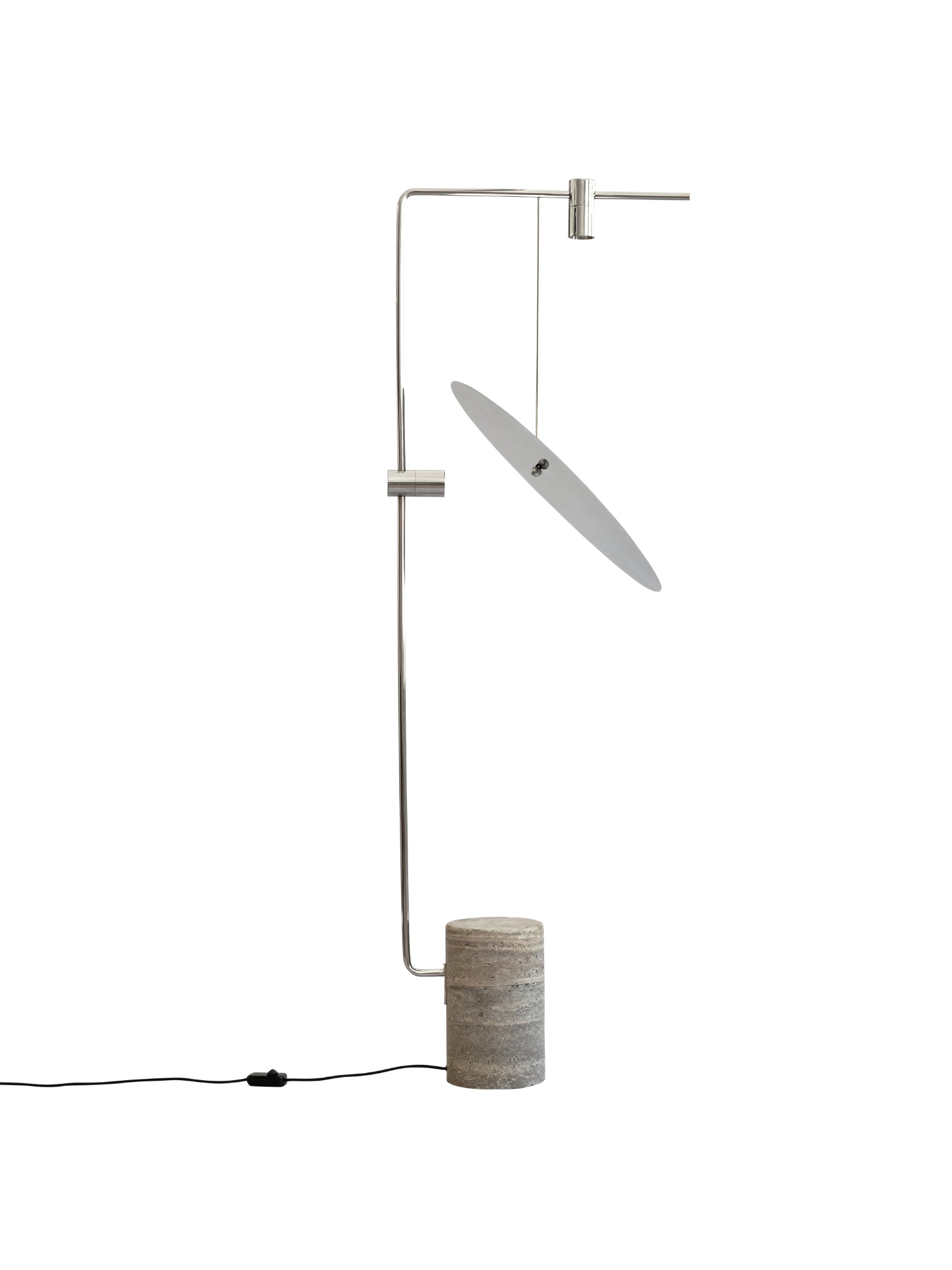 101 CPH The Moon Floor Lamp, a luxury modern design featuring a cylindrical grey travertine base, polished silver metal pole, and an adjustable oval white diffuser. Ideal for sophisticated interior lighting.