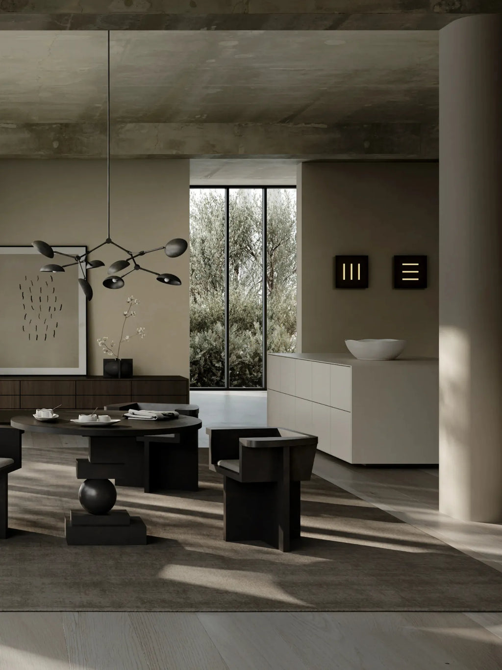 101 CPH Trois Wall Lamp in a minimalist interior. Two square black metal sconces feature linear warm LED light accents, providing subtle ambient lighting. Enhances contemporary living spaces.