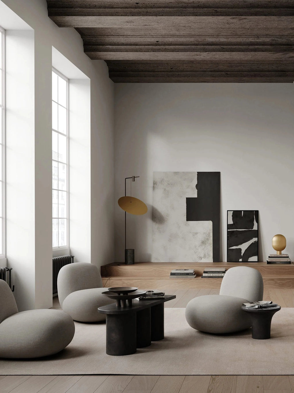101 CPH Trumpet Side Table in an elegant dark charcoal finish, showcasing its unique flared base and smooth surface. This luxury, handcrafted piece complements the modern living room setting. Ideal for stylish interior design.