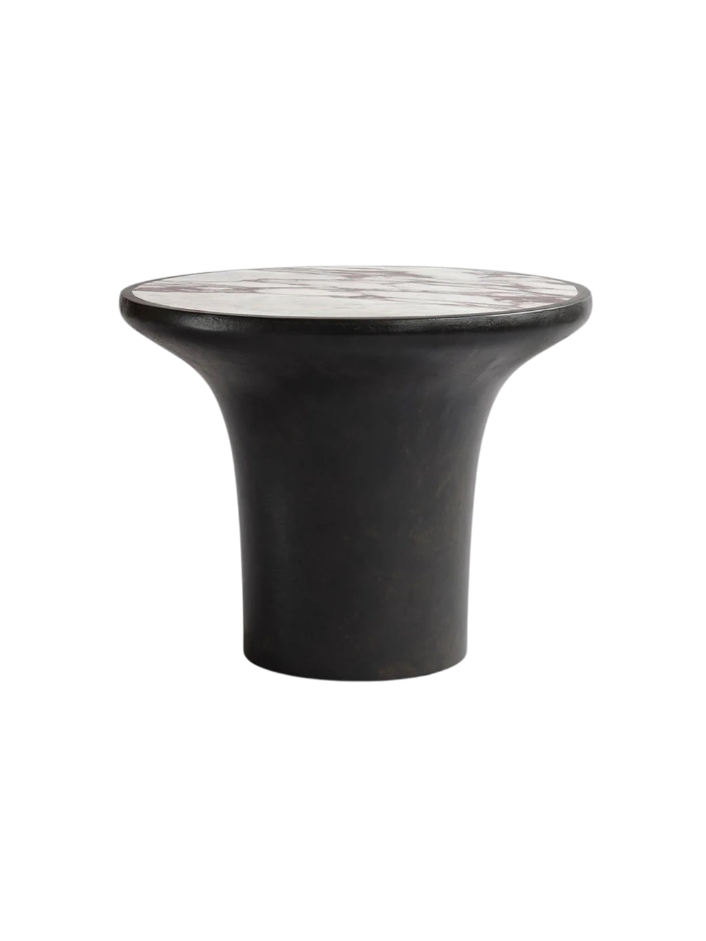 101 CPH Trumpet Side Table features a white and reddish-brown veined marble top on a dark gray concrete base in a trumpet shape. A premium, modern furniture piece.