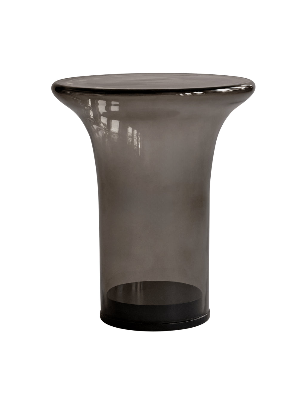 101 CPH Trumpet Side Table - Glass. Minimalist dark smoky grey transparent glass accent table with a flared top and cylindrical base, shot on white. A premium design statement for modern living spaces.