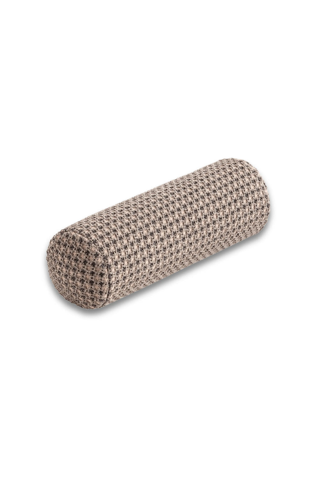 GAN Rugs Garden Layers Gofre Small Roll, a stylish bolster pillow in a light beige and brown woven pattern, showcasing a textured, cylindrical form, presented on a white background.