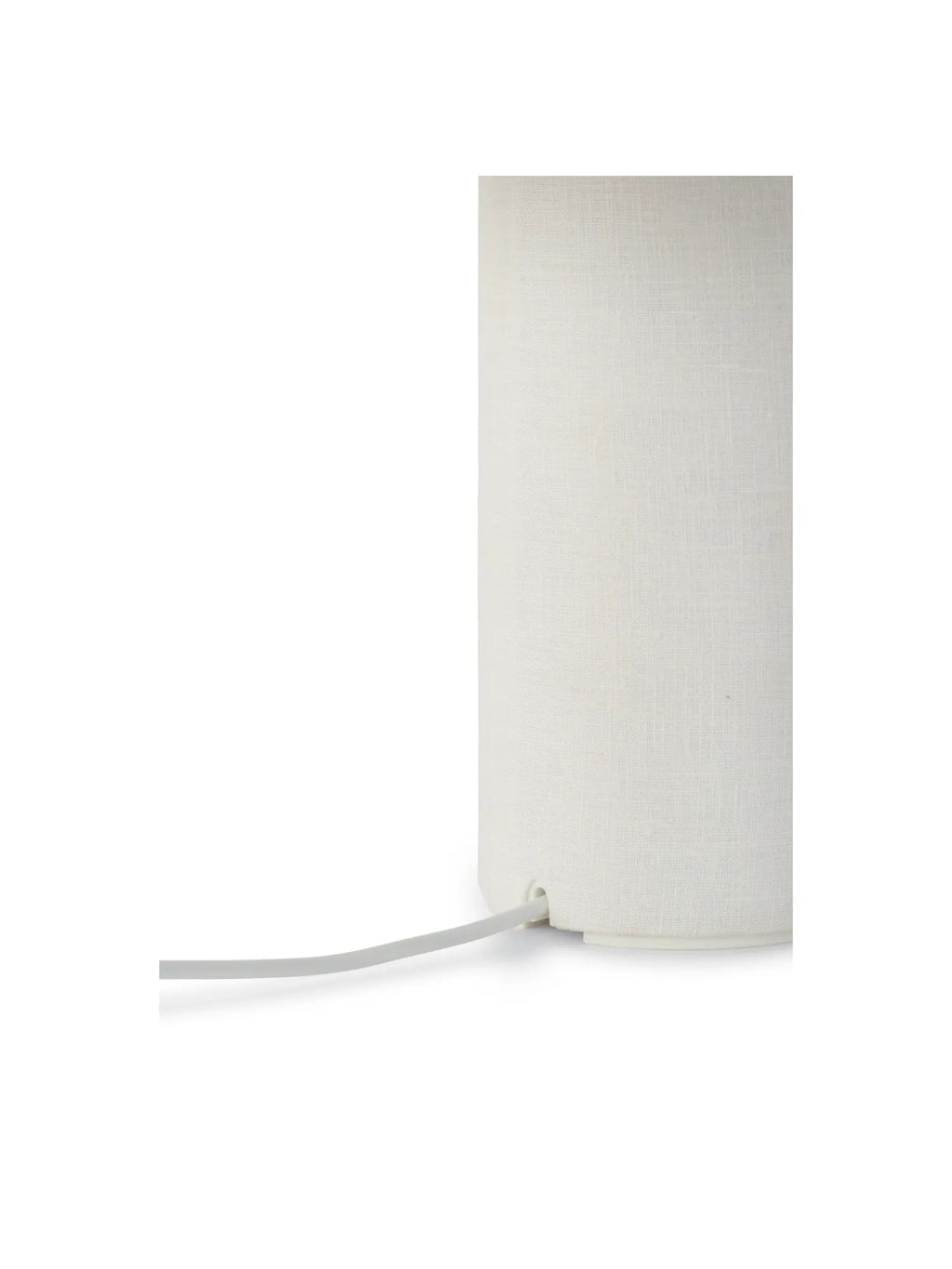 New Works Margin Portable Table Lamp, featuring a textured natural ivory textile shade and white base with a minimalist white power cord visible. This luxury table lamp is perfect for sophisticated interior styling.