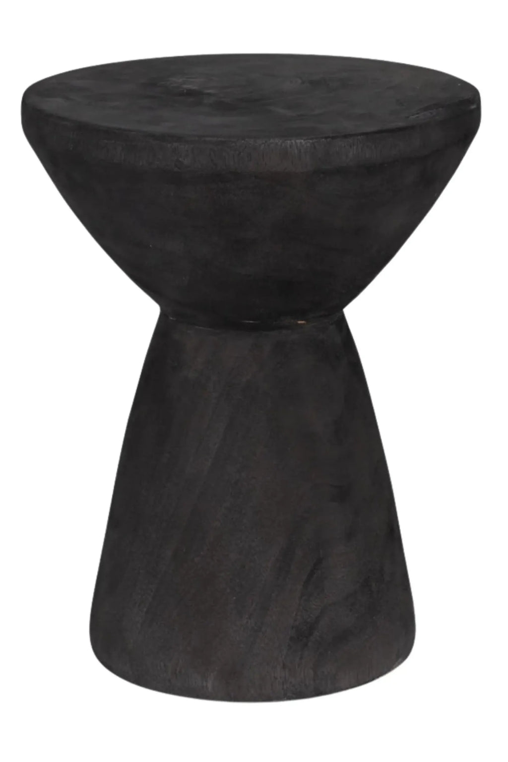 Detjer Stool S.A.S. 006, a striking dark charcoal solid wood stool with an organic, sculptural hourglass shape and a subtly textured matte black finish, revealing natural wood grain details. This versatile accent piece functions as a minimalist side table, modern plant stand, or contemporary bedroom nightstand, perfect for organic modern or brutalist-inspired interiors.
