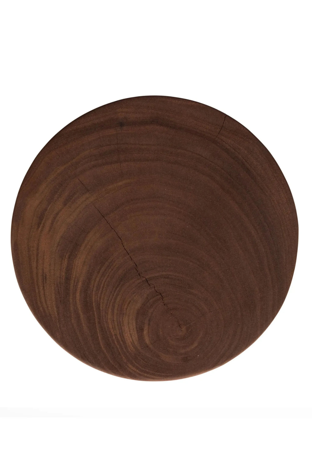 Detjer Stool S.A.S. 003, a dark brown solid wood stool top featuring a natural oval shape and prominent organic wood grain with subtle cracks.