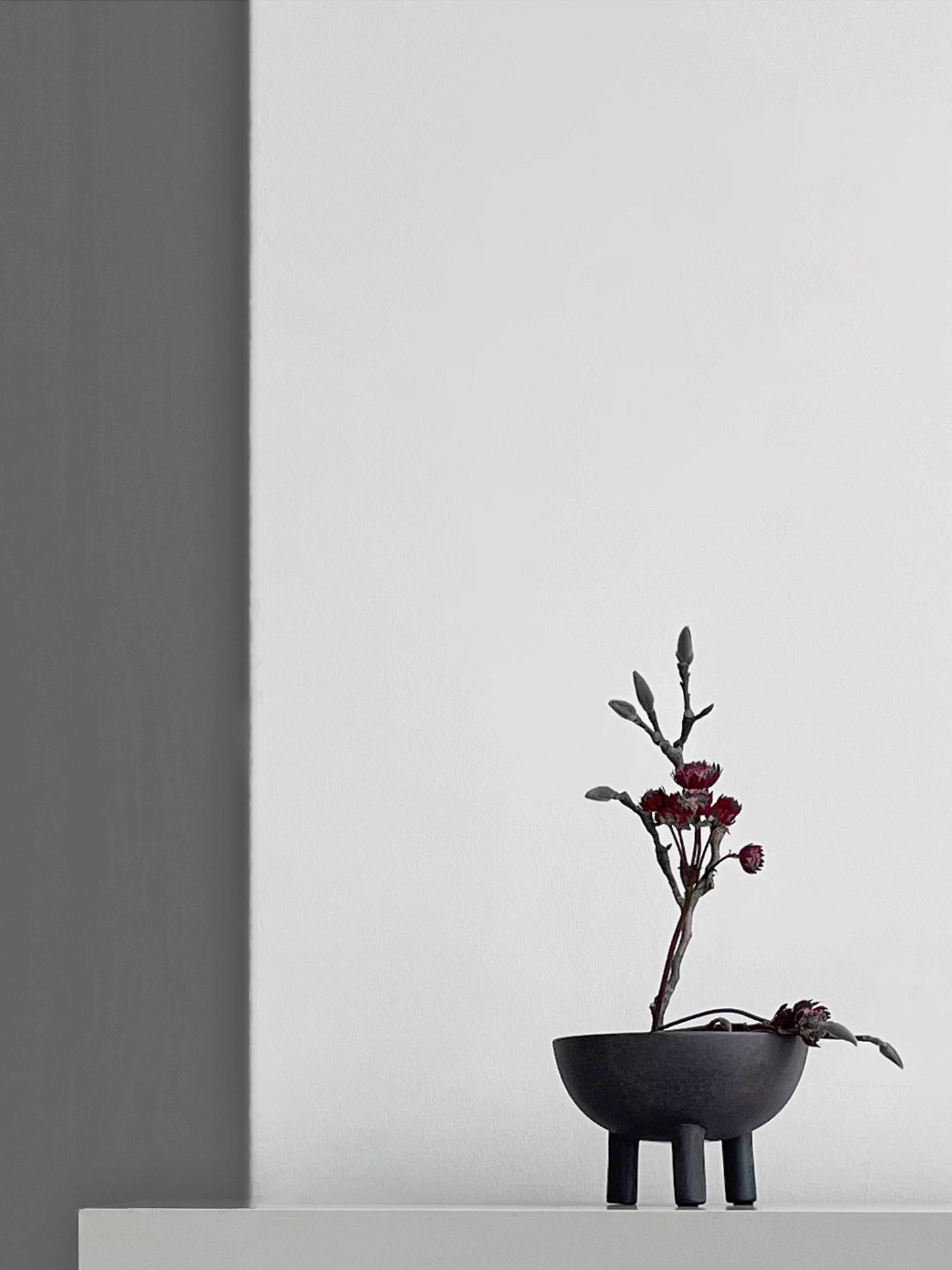 101 CPH Duck Bowl, an authentic dark charcoal grey stoneware bowl with three cylindrical legs, displaying dried red flowers. A premium decorative piece for modern interiors.