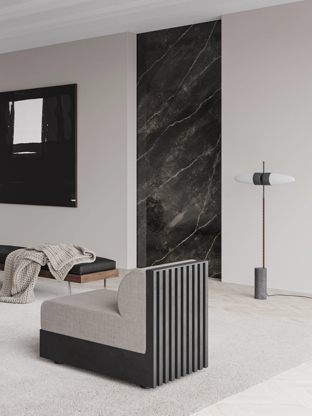 101 CPH Bull Floor Lamp in a modern living room setting. This designer floor lamp features a slim braided brown leather pole, matte black accents, and a distinctive white oval shade, standing on a textured gray concrete base. Adds elegant, minimalist lighting to contemporary spaces.