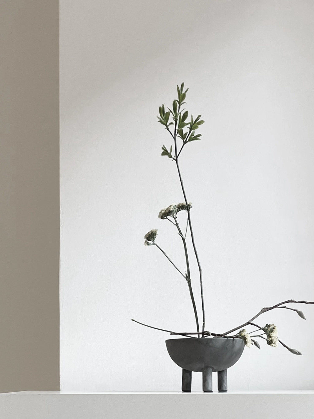 101 CPH Duck Bowl crafted from dark grey concrete with three sturdy legs, filled with fresh green branches and dried white flowers on a white shelf. A premium, aesthetic planter.